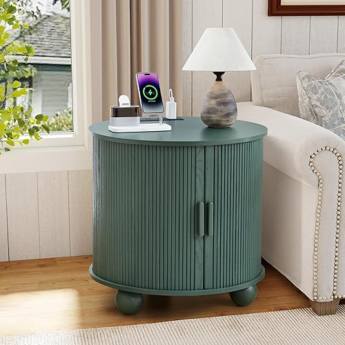Miniatura 7 de AVZEAR Mesa auxiliar redonda grande de 24 pulgadas con estación de carga, mesa auxiliar de sofá acanalada de granja con puerta corrediza y