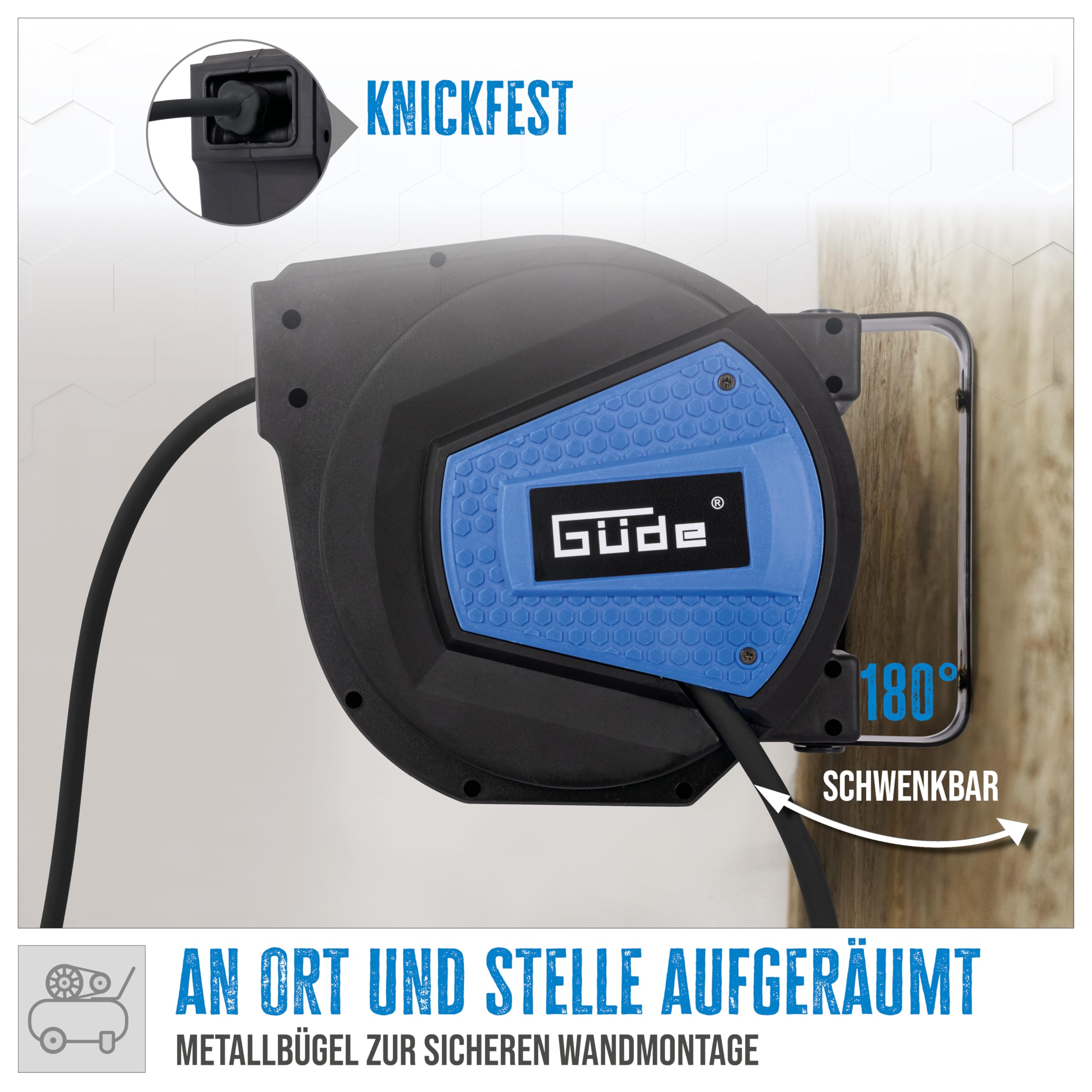 Güde Avvolgitubo automatico 10 m (pressione di esercizio 12 bar, girevole a 180°, tubo ad aria compressa altamente flessibile, resistente a olio e temperatura, filettatura 1/4", supporto a parete)