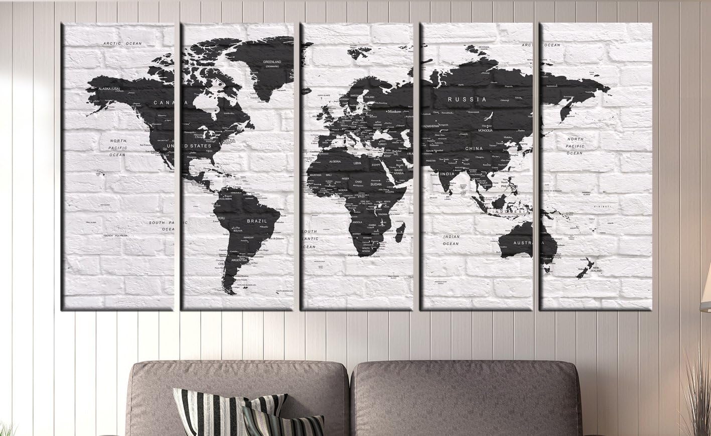 World Map Push Pin, World Map with Countries Canvas Print, Push pin Travel World map Wall Art, Extra Large Wall Art, Black and White t532