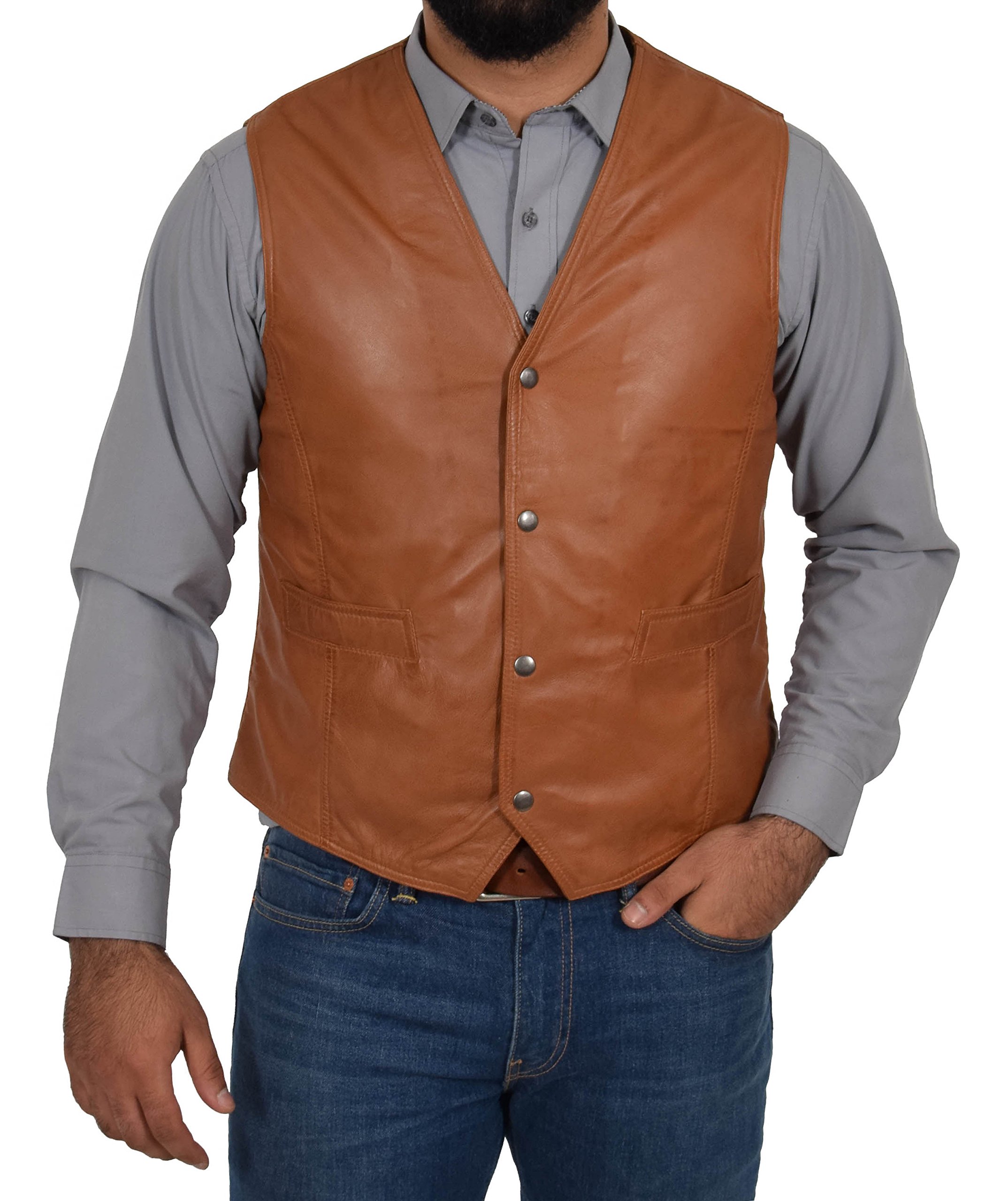 Mens Full Leather Waistcoat Classic Style Vest Petrelli (3XL, Tan)