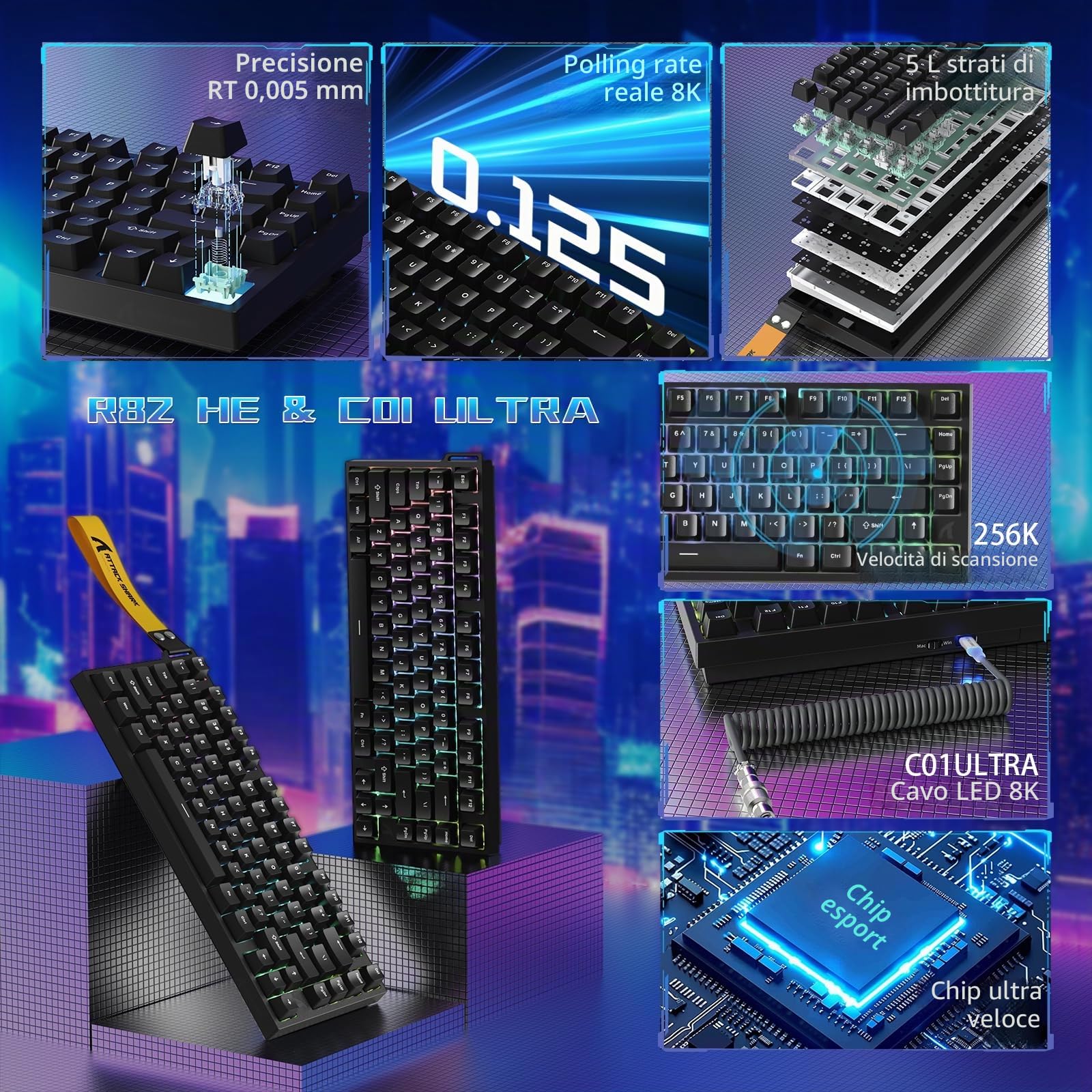 ATTACK SHARK R82 HE Tastiera Gaming 75% con Cavo, con Cavo C01ULTRA LED, Switch Magnetici, 8000Hz, Precisione Ultra 0,005mm RT Tech, Retroilluminazione RGB, 5 Strati Fonoassorbenti (Nero)