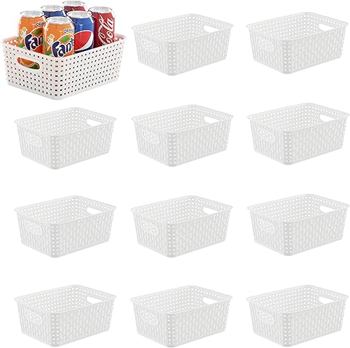Miniatura 1 de Cestas de almacenamiento negras, paquete de 12 cestas apilables de plástico tejido organizador y almacenamiento, cestas de despensa para estantes,