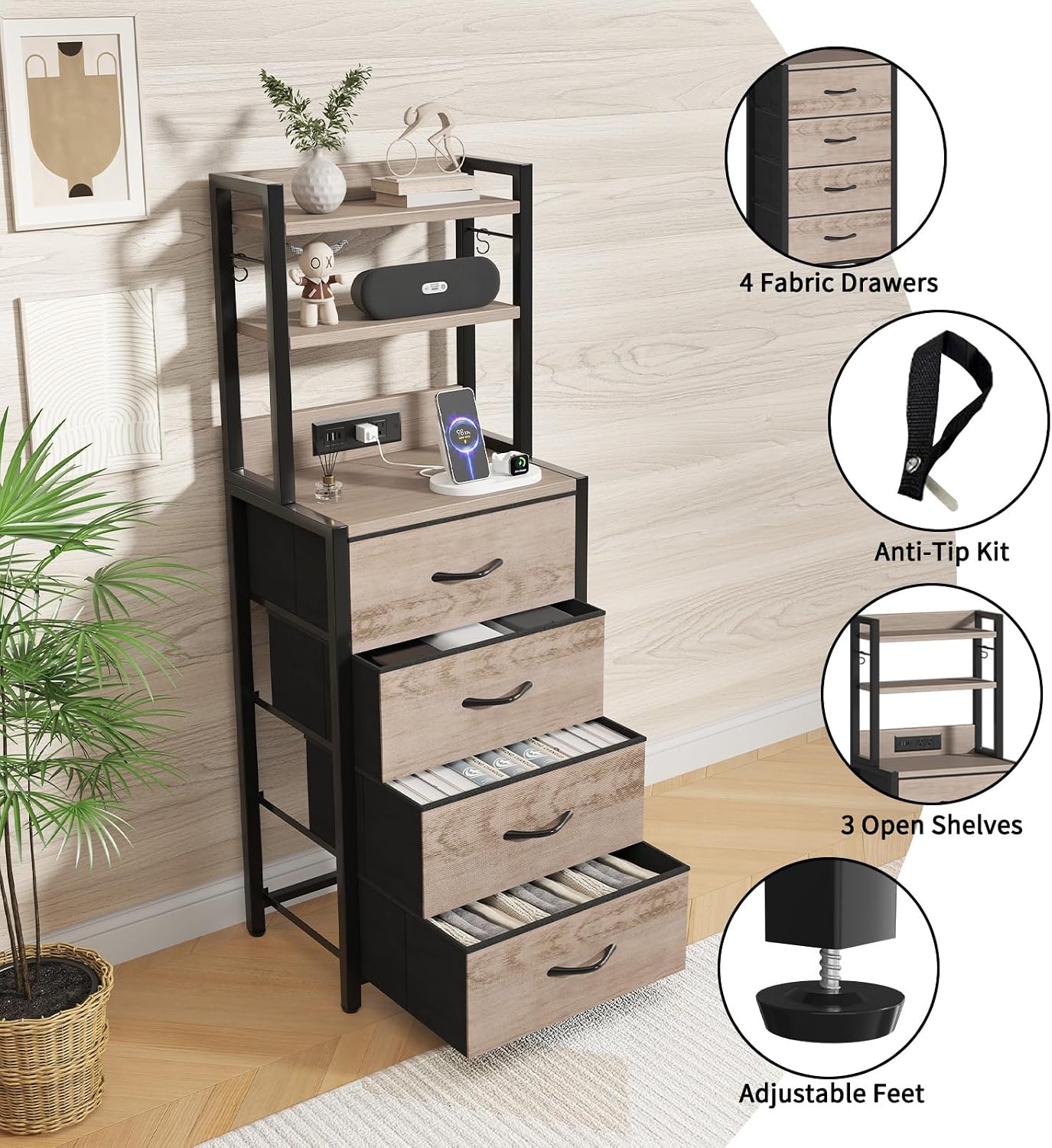 Tall Nightstand with LED Light, LED Night Stand with Charging Station and USB Type C Port, Bedside Table with 4 Fabric Drawers for Bedroom, Dorm, Office (Greige)