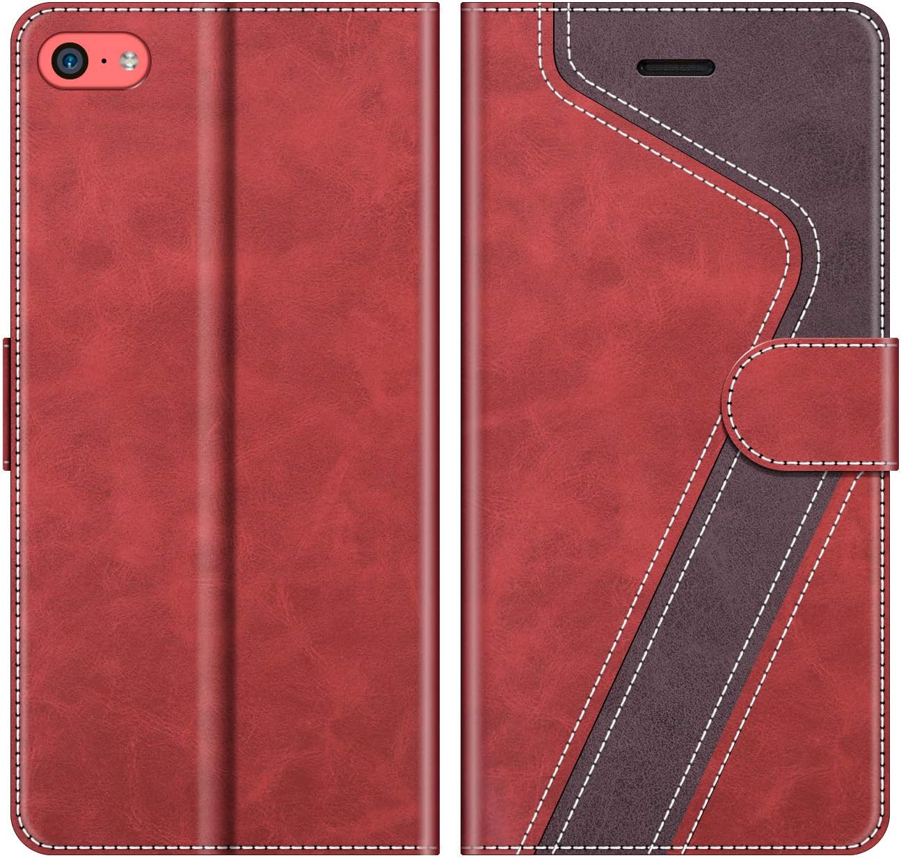 MOBESV Phone Cover For iPhone 5C, Flip Wallet Case for iPhone 5C Phone Case, Red/Dark Purple