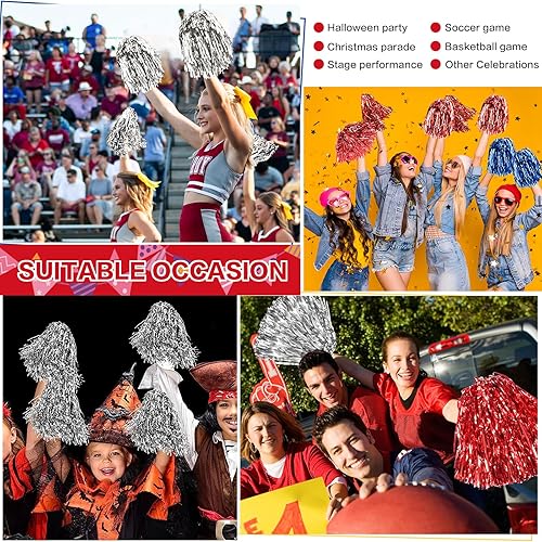 Miniatura 7 de DILIBRA 24 pompones metálicos de animadora para niños, pompones de animadora con mango de bastón, flores de mano de escuadrón de animadoras para