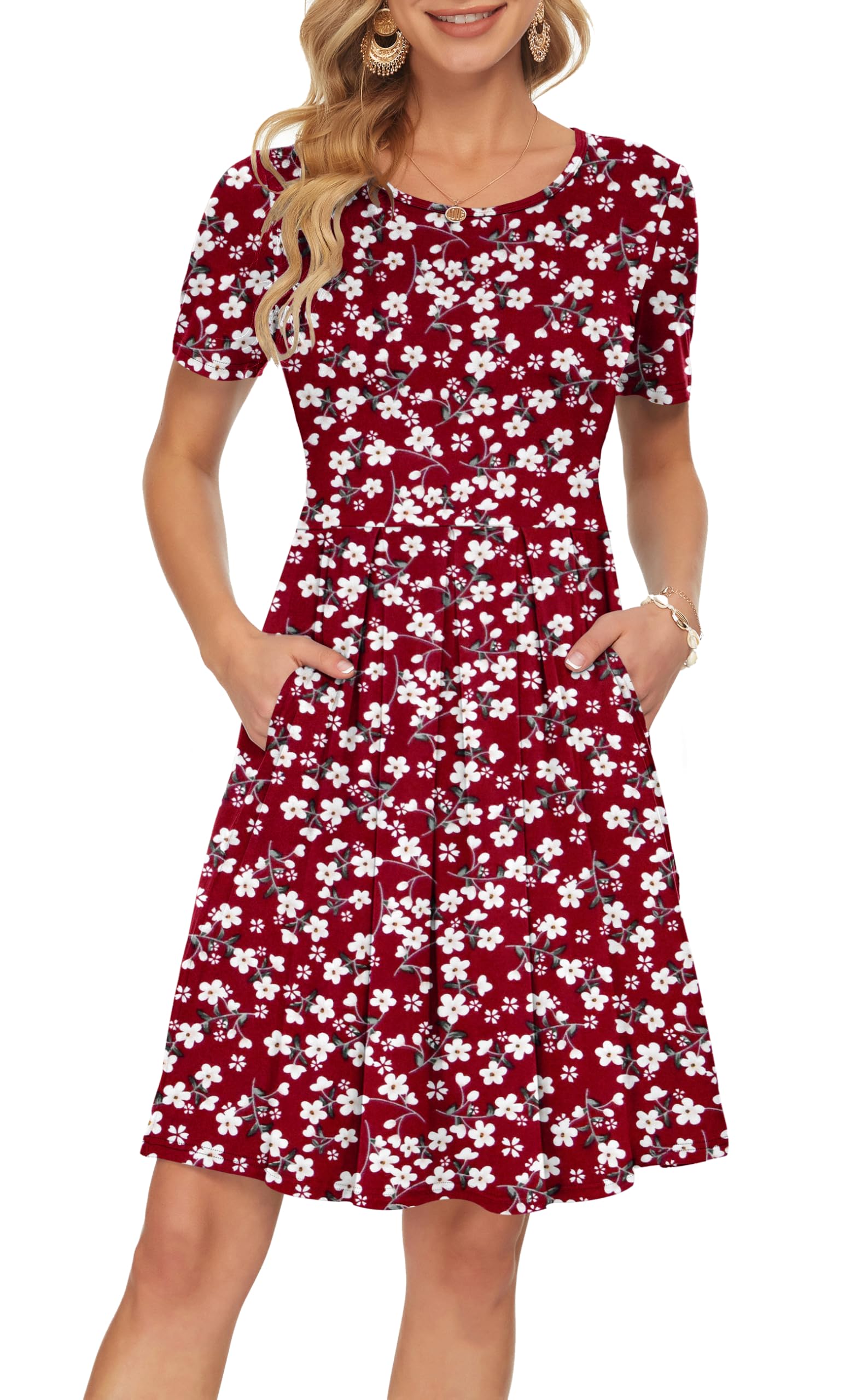 Auselily Women's Red Flowers Summer Dress Casual Bodycon Short Sleeve Pleated Loose Swing Casual Dress With Pockets Knee Length S