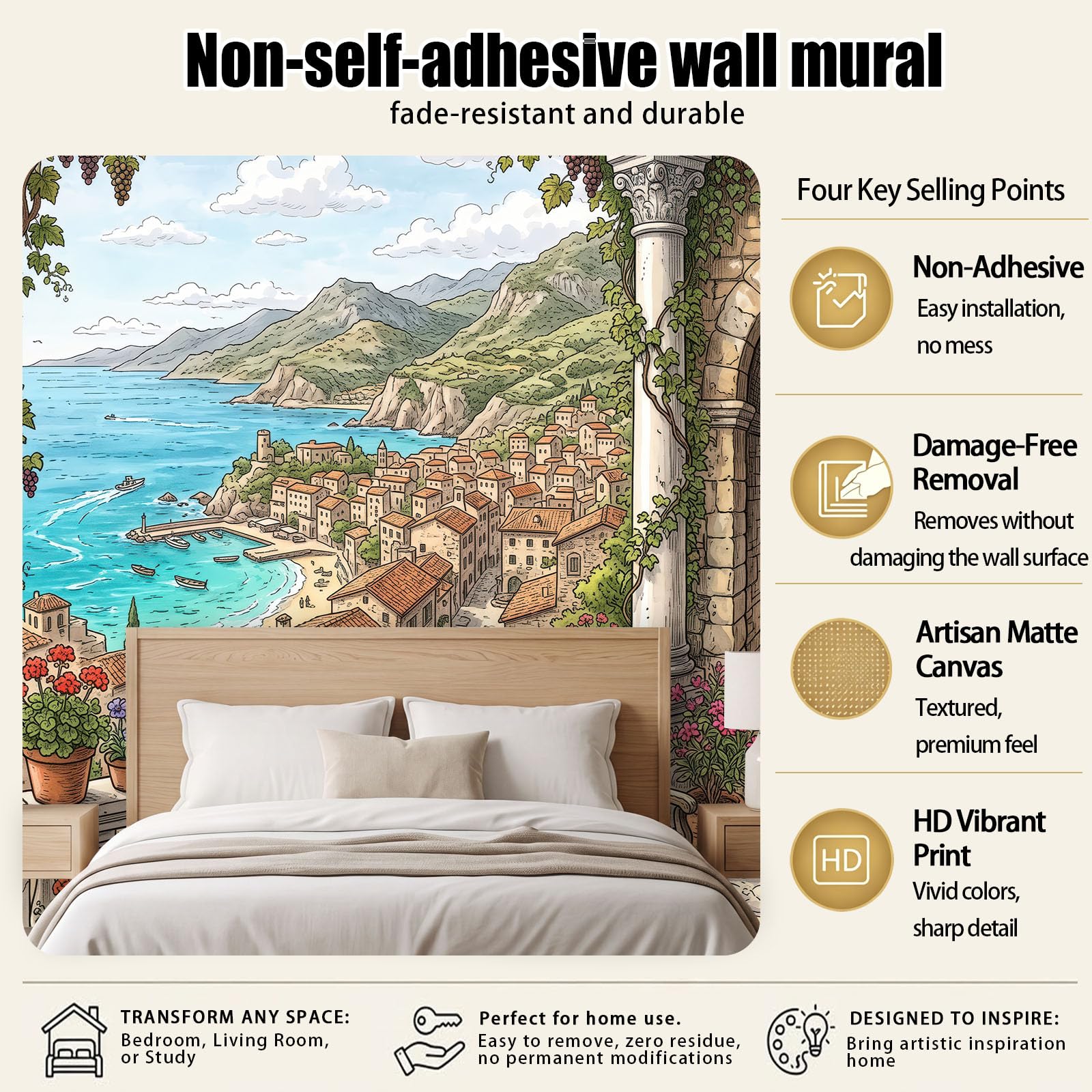 Carta da parati 3D Panoramica Murale, Nautica Carta da Parati in Tessuto Non Tessuto, Poster 350 x 256 cm, Decorazione murale Soggiorno, Camera da letto, Città Balneare Romantica
