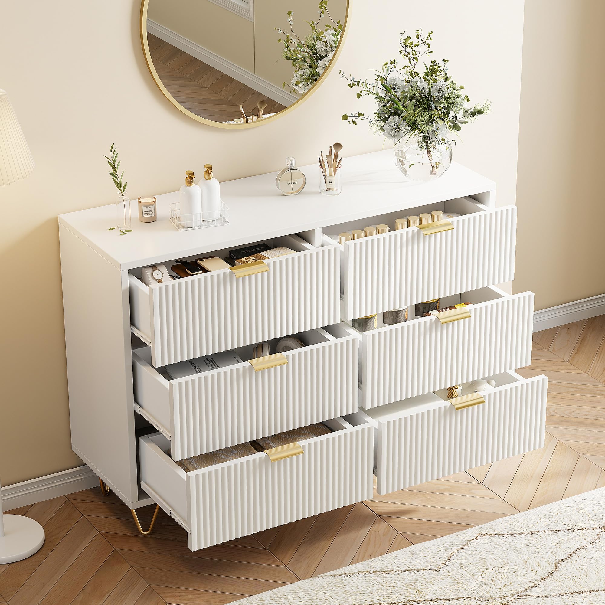 Commode à 6 tiroirs, avec pieds dorés et poignées, buffet blanc pour chambre à coucher, salon, couloir 100 x 34 x 73 cm