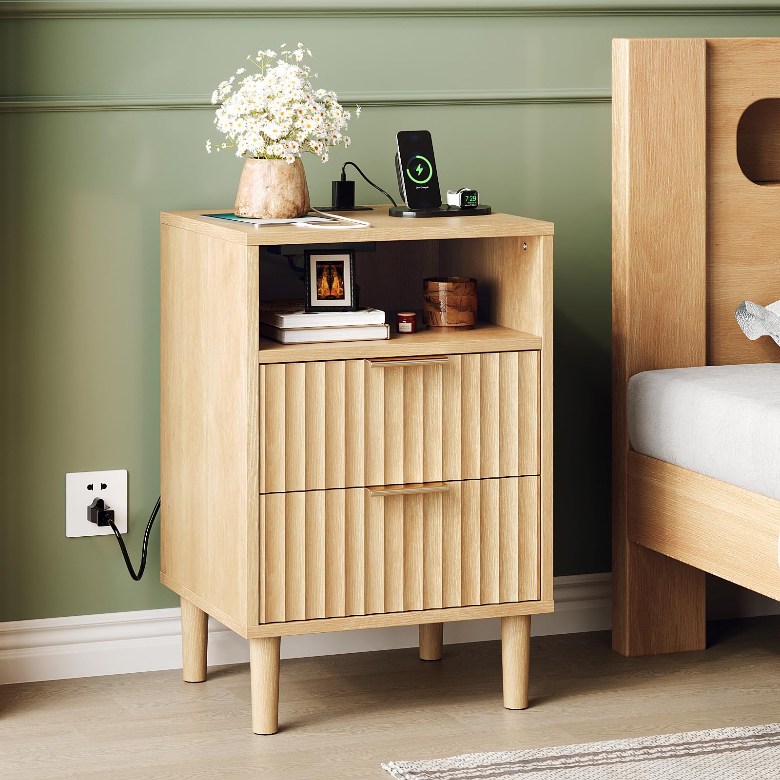VINGLI Fluted Nightstand with Charging Station, Wood Nightstand with 2 Drawers Night Stand for Bedroom, Fluted Bedside Table/End Table/Side Table with Pine Wood Legs, Oak, 15.75" W*15.55" D*23.62" H