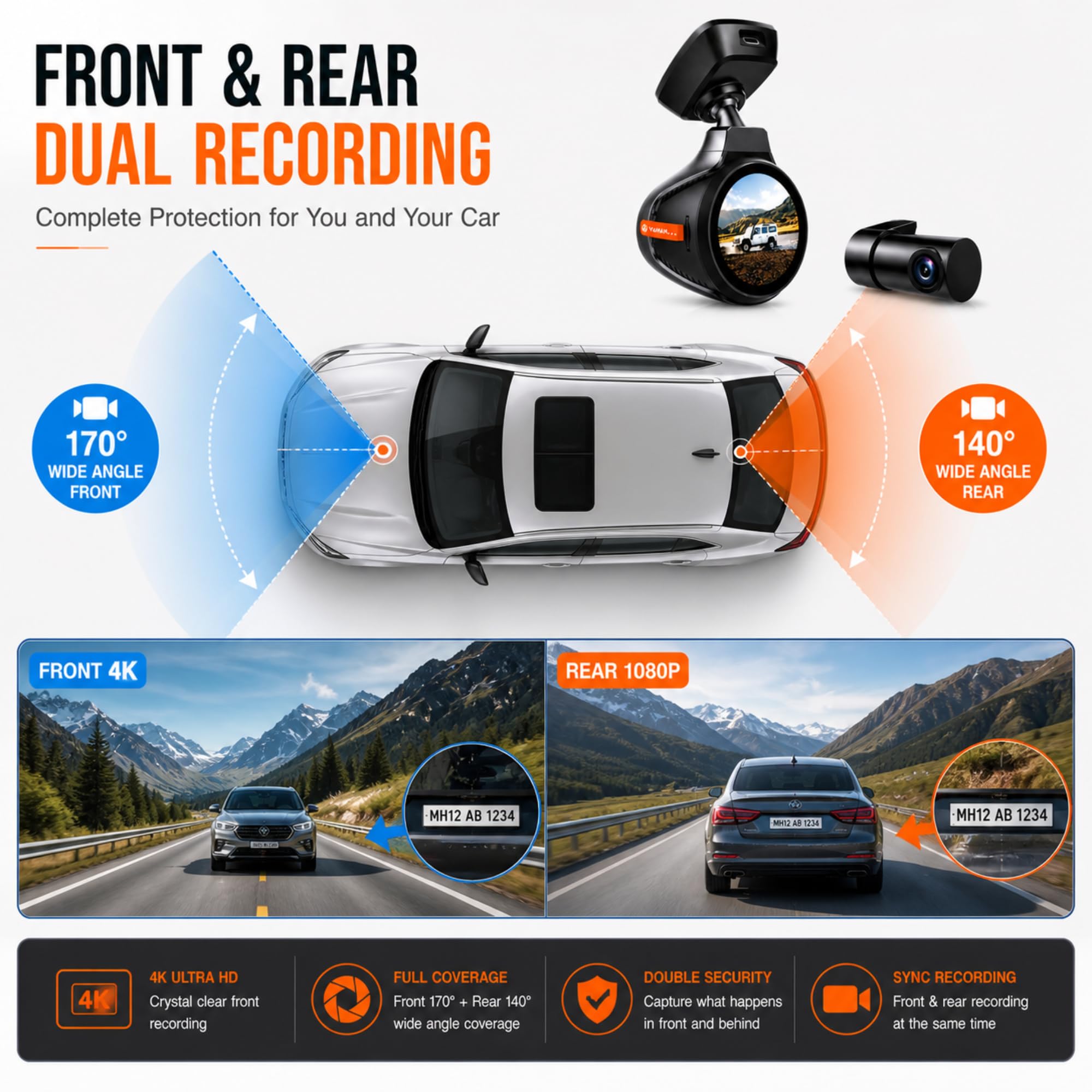 Dash Cam for Car Front and Rear | VAHAN | 4K Front + FHD Rear | Built-in GPS & WiFi | STARVIS Night Vision | WDR | 24H Parking Monitor | G-Sensor | Loop Recording | 140Β° Wide Angle | 64GB Included 2