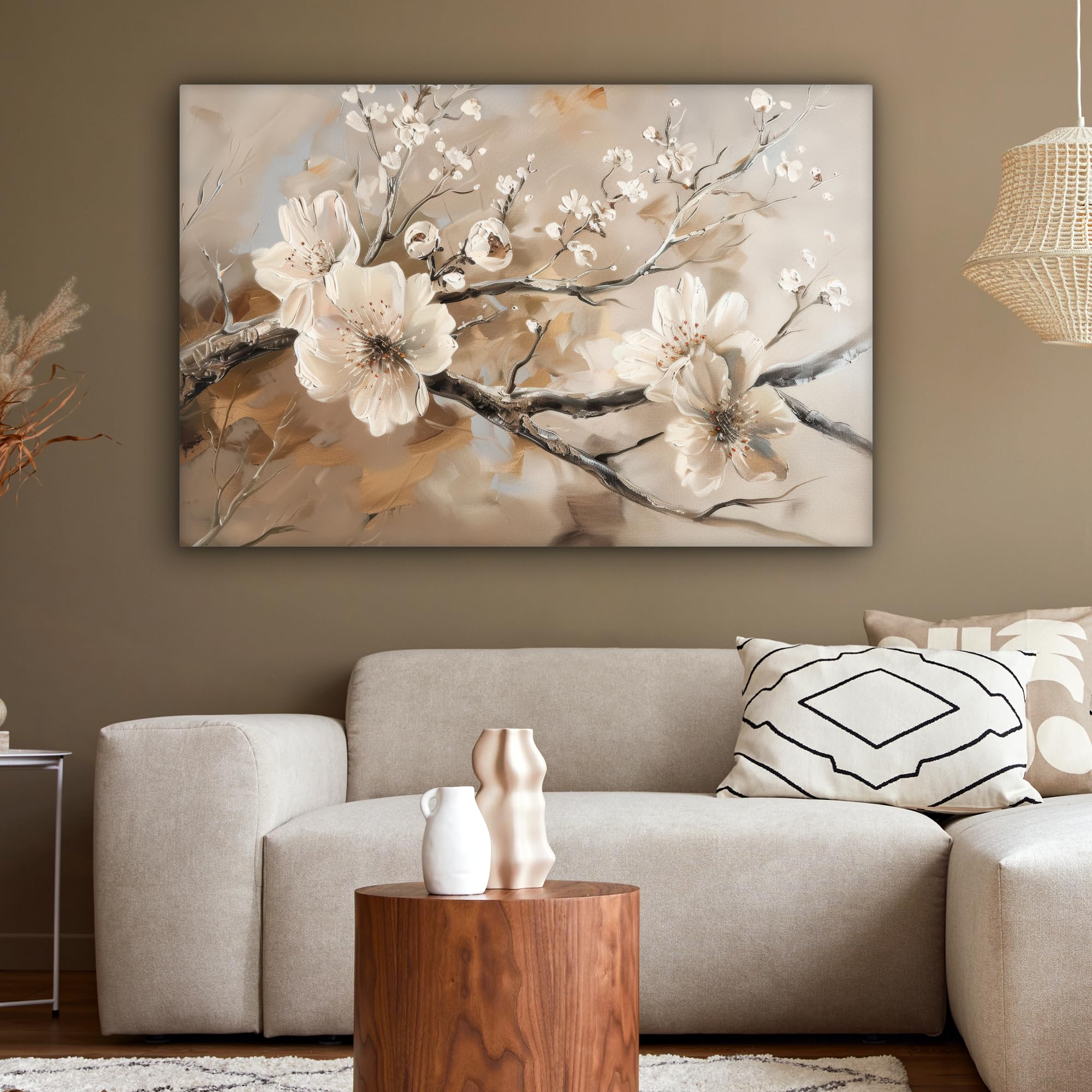 MuchoWow Bild auf Leinwand 120x80 cm XXL Wand Deko Blumen Natur Weiß Blüte Abstrakt