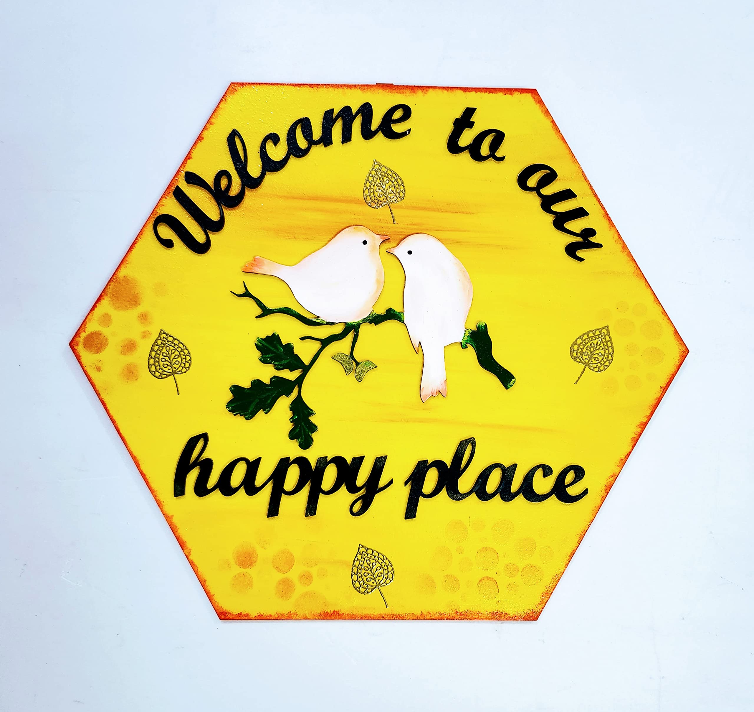 Anupma Creations - Handmade Designer Wall Decor - Welcome to our happy place - 12"x12"(inch) hexagonal- MDF base - Yellow- Hanging option available