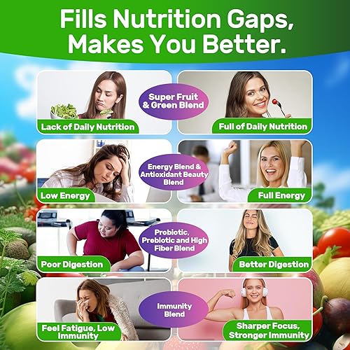 Miniatura 7 de Super Greens - Gomitas de fibra de superalimento con espirulina, clorella, prebióticos, probióticos, frutas vegetales, vitaminas y minerales, para