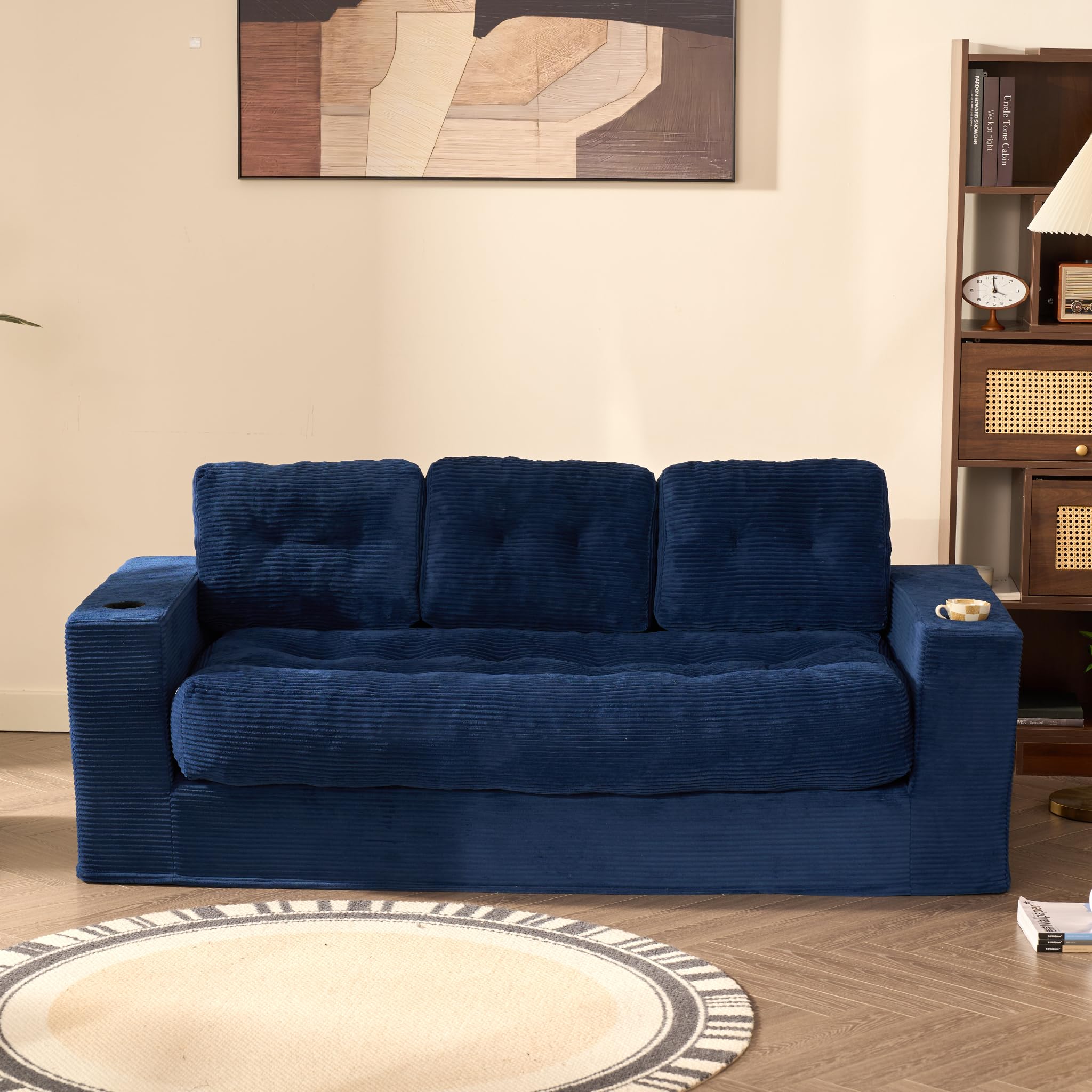 Litbird 3 Seater Couch for Living Room, Space-Saving Boneless Sofa in a Box with Cushions & Cup Holders, Corduroy Floor Sofa with Backrest, No Assembly Required, for Small Spaces & Teens (Navy)