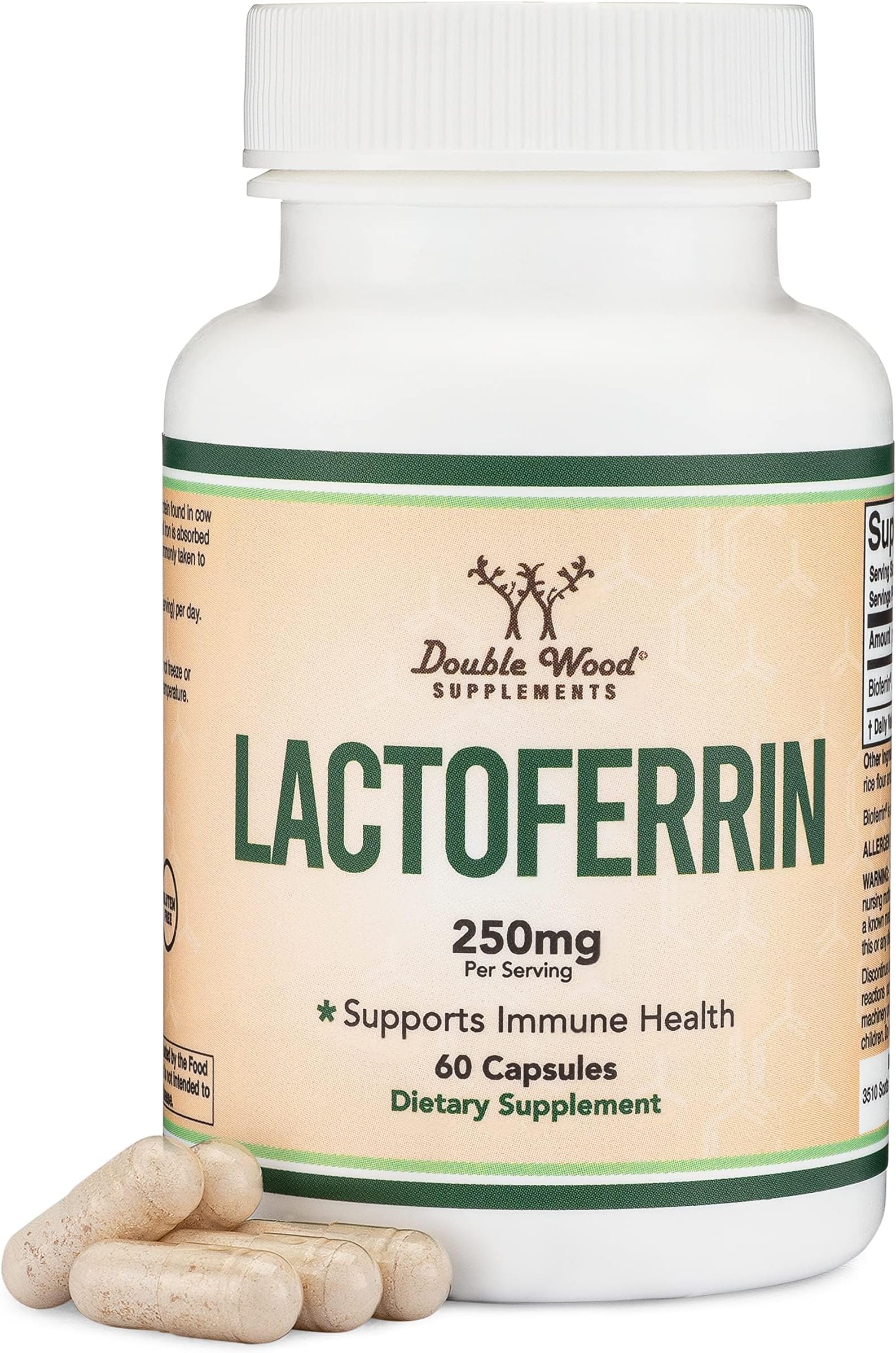 Double Wood Supplements Lactoferrin 250mg per Serving (60 Capsules) Patented Bioferrin Lactoferrin - Superior Iron for Iron Deficiency and Immune Support
