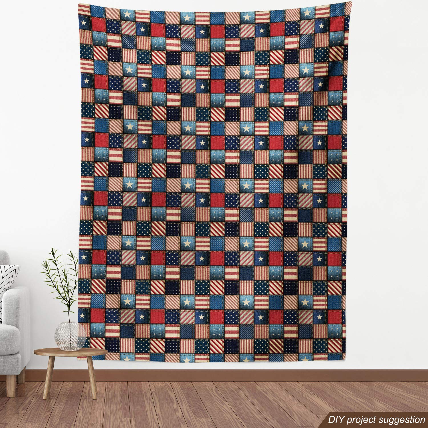 The Yard, tessuto con bandiera americana, patchwork con strisce verticali e orizzontali e forme a stella, tessuto decorativo per tappezzeria e accenti per la casa, 5 m, rosso blu