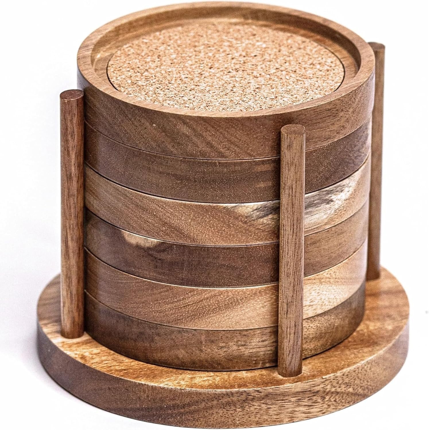 Posavasos de madera para bebidas con soporte de madera, posavasos de madera con corcho para protección de mesa, posavasos para mesa de café,