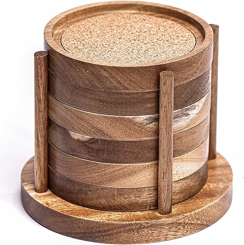Posavasos de madera para bebidas con soporte de madera, posavasos de madera con corcho para protección de mesa, posavasos para mesa de café,