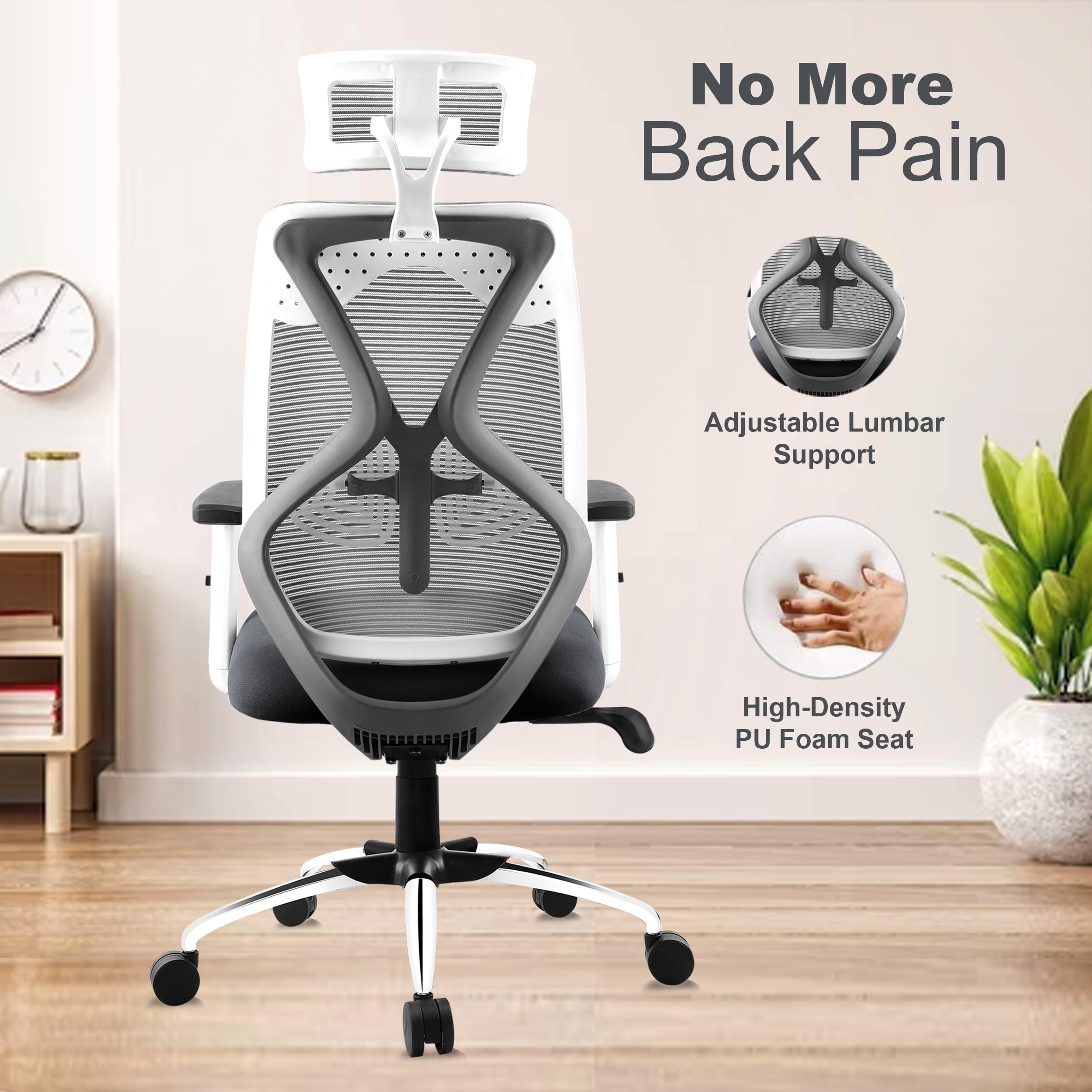 ASTRIDE Ergofit Ergonomic Office Chair for Home | 3-Years Warranty | 2D Headrest, Adjustable Arms & Lumbar Support | Tilt Lock Mechanism [Heavy Duty Chromium Metal Base, Grey-White]