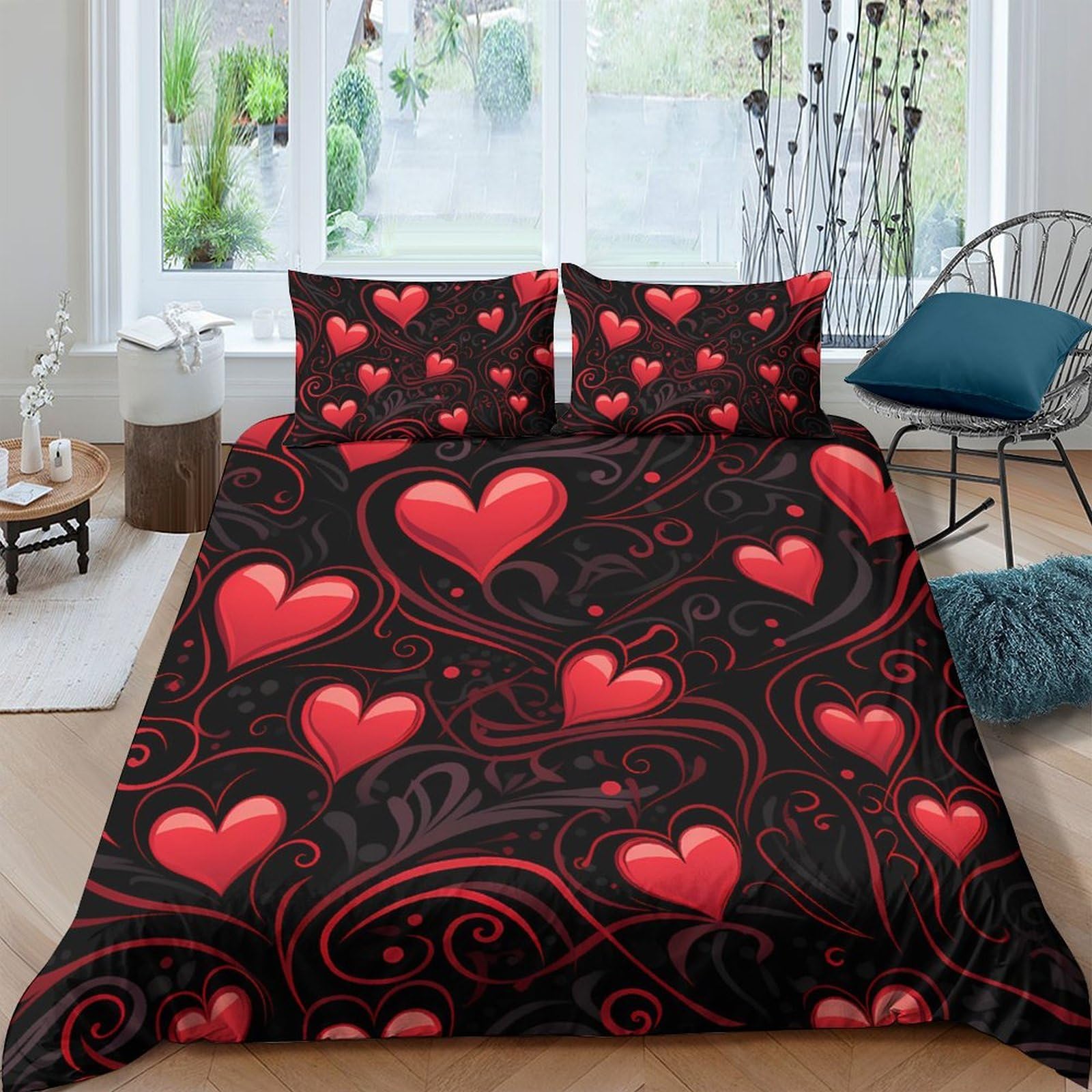 Ctjqhvkz Style-6 3D Printed Red Heart Pattern Fitted Sheet Microfiber Soft Black Romantic Swirl Mattress Cover For Bedroom Guestroom Decor Single（135X200cm）