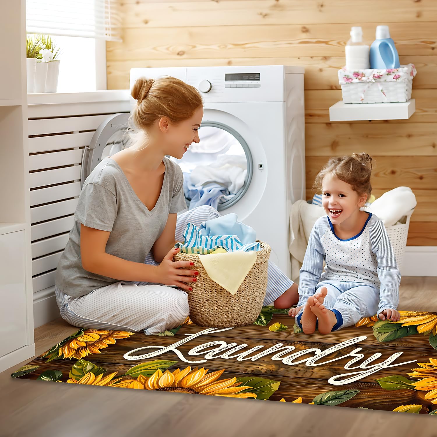 Laundry Room Runner Rug 20x47 inch,Non-Slip Waterproof Floor Mat,Farmhouse Kitchen Floor Mat for Mudroom and Bathroom (Sunflower, 20"x47")