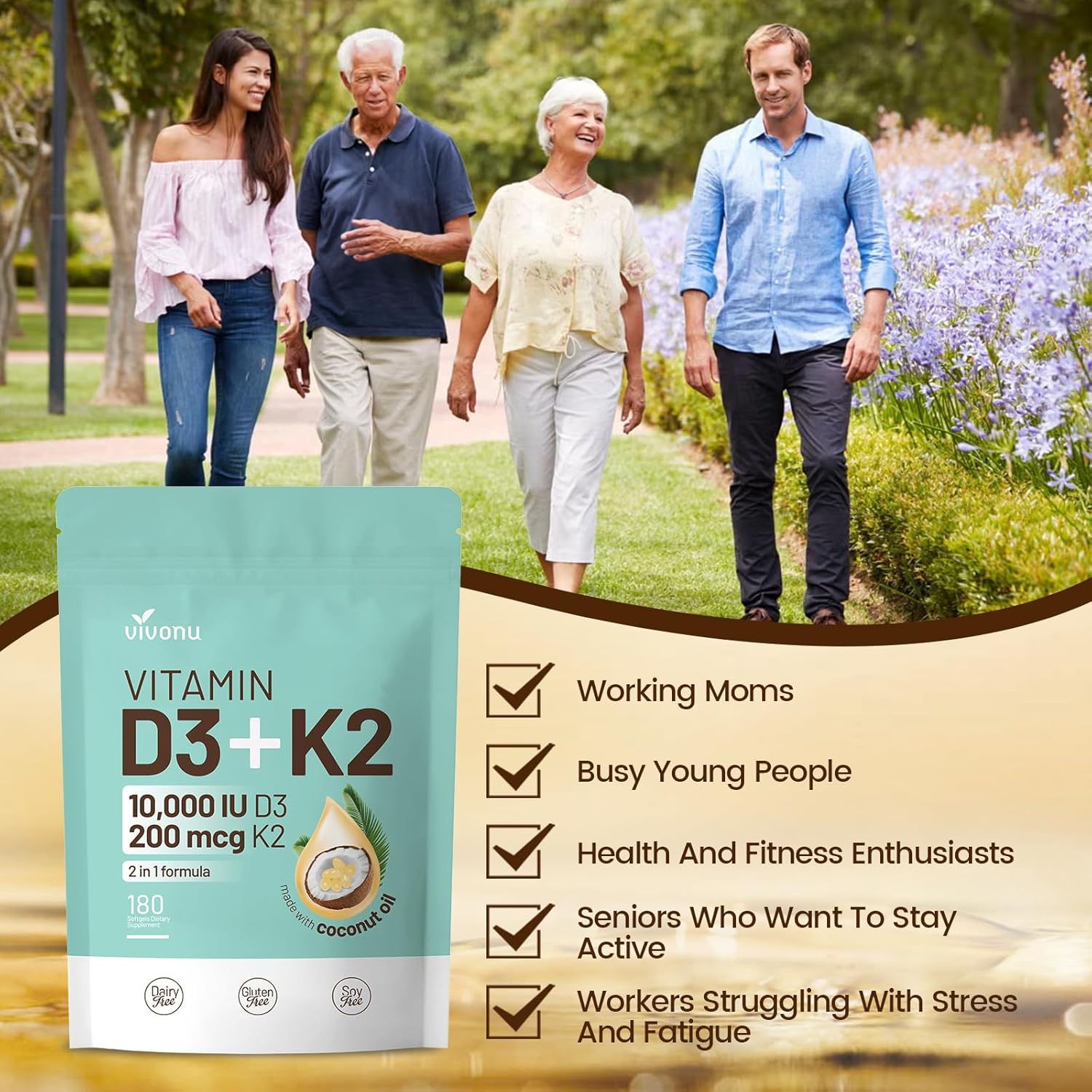 VivoNu Vitamin D3 K2 10000 IU with MK7-300 Virgin Coconut Oil Softgels, 2 in 1 Vitamins D & K Complex | Vitamina D3 con K2 ((180 capsules/1Bag))