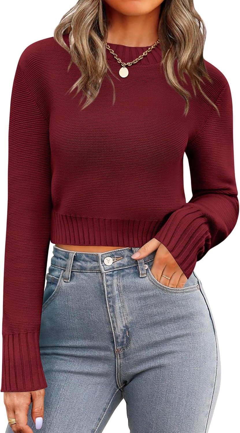 Zeagoo Women's 2026 Fall Crewneck Cropped Sweater Trendy Long Sleeve Ribbed Knit Pullover Jumper Tops