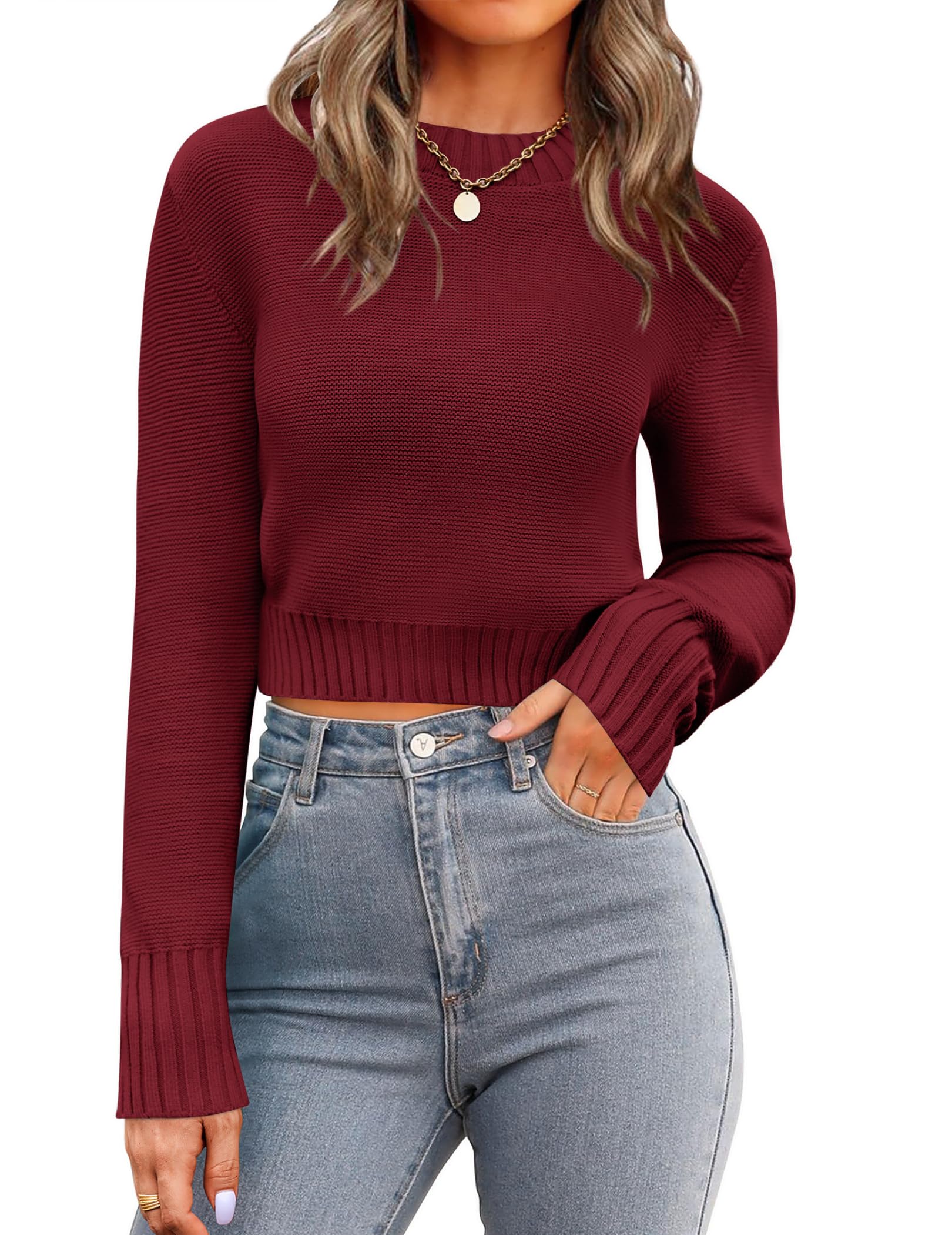 Zeagoo Women's 2026 Fall Crewneck Cropped Sweaters Long Sleeve Knit Tops | Basic Soft Cozy Ribbed Knitted Pullover,Trendy Winter Fashion Layer Cute Clothing,Going Out Business Casual Dressy Outfit