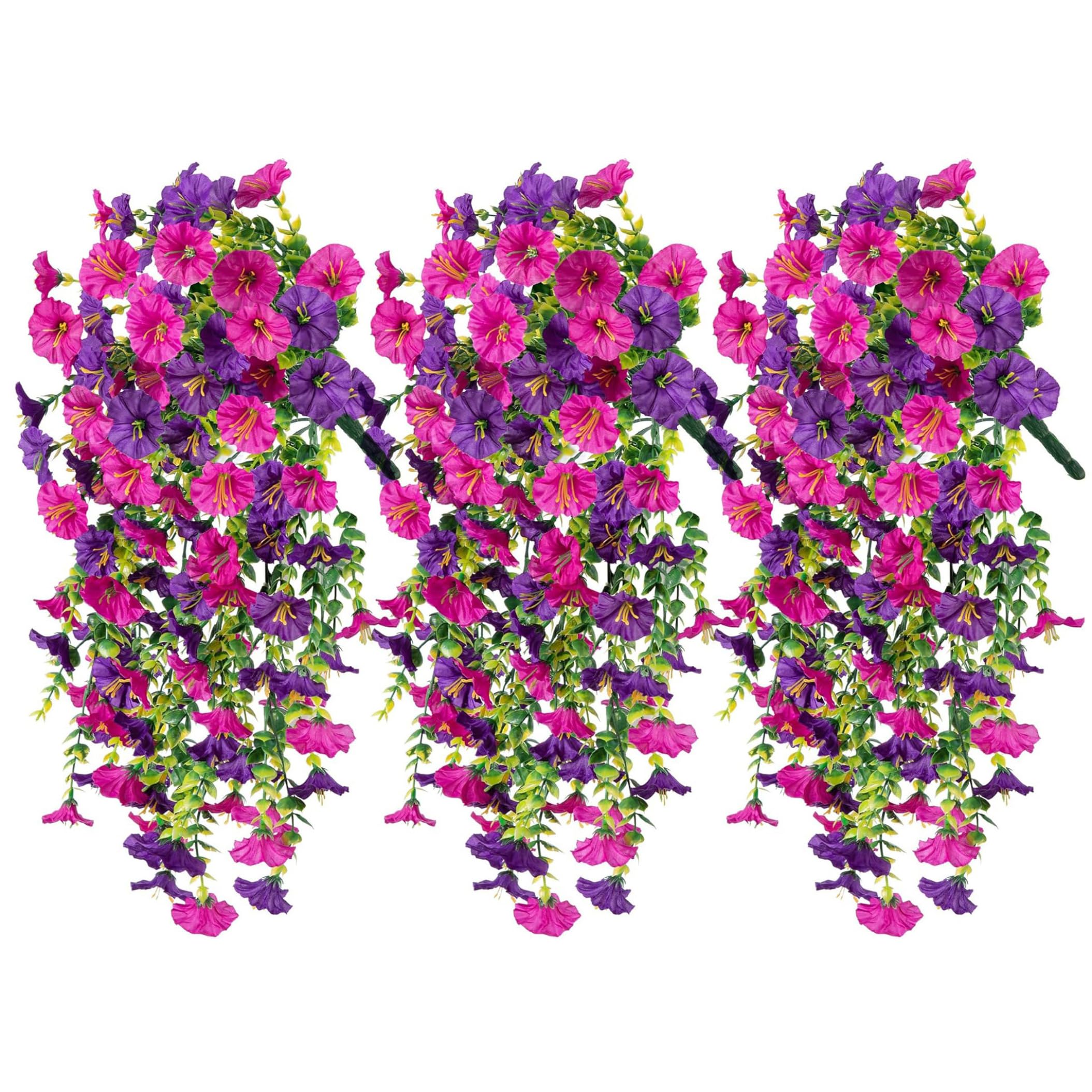 Xoeryoy 3pcs Artificial Hanging Flowers, Faux Petunias With Eucalyptus, Realistic Silk Vines For Indoor Outdoor Decor, Purple + Red