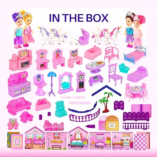Miniatura 10 de Casa de muñecas con 2 princesas, 4 unicornios, perro, muebles y accesorios – Casa de muñecas de ensueño rosa y morado juguete para niñas pequeñas