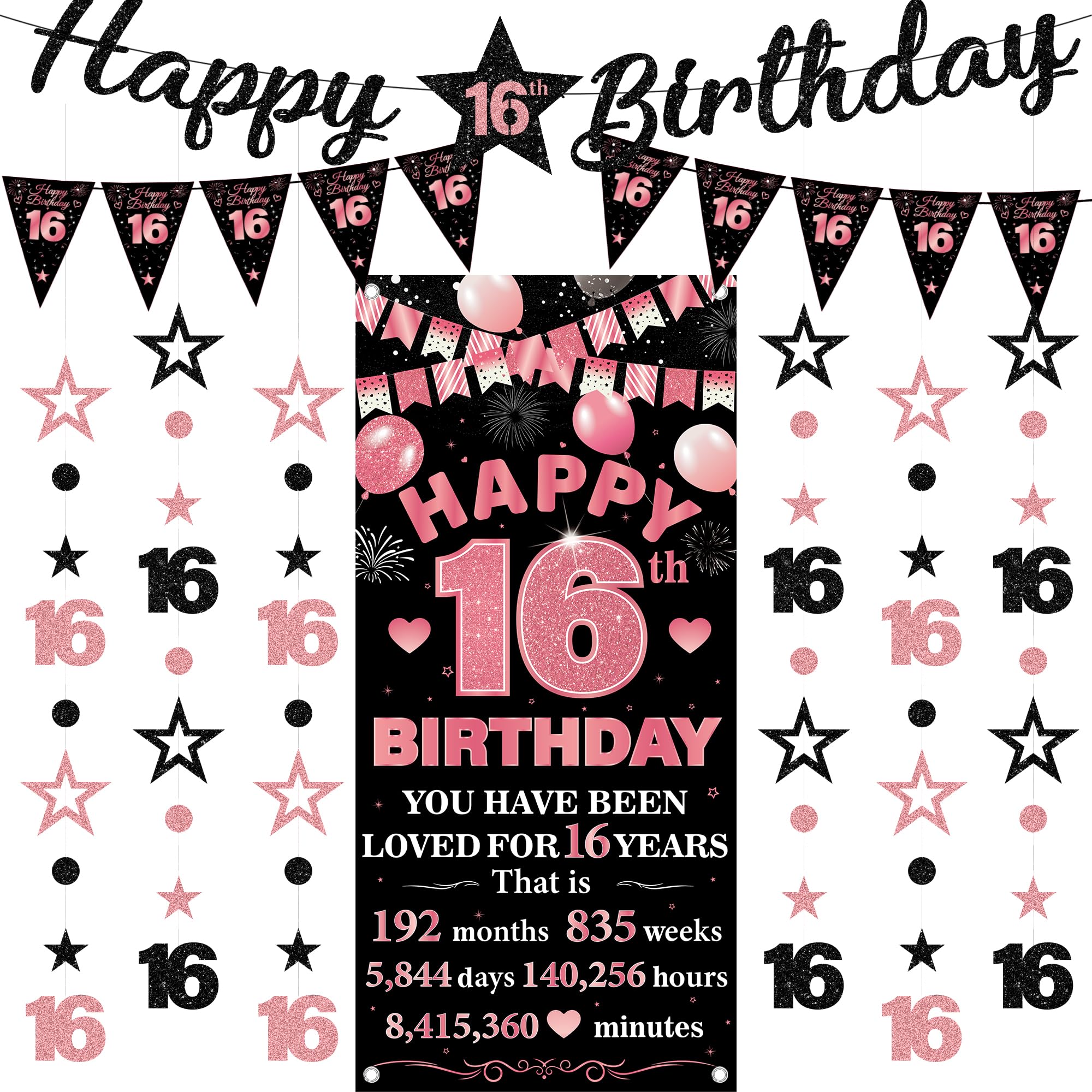 16th Birthday Decorations Banner Girls - 9 Pcs Black Rose Gold Bannes Backdrop Number Star Dot Glitter Hanging Garlands Kit for Girl Happy 16 Years Old Birthday Party Decor Supplies