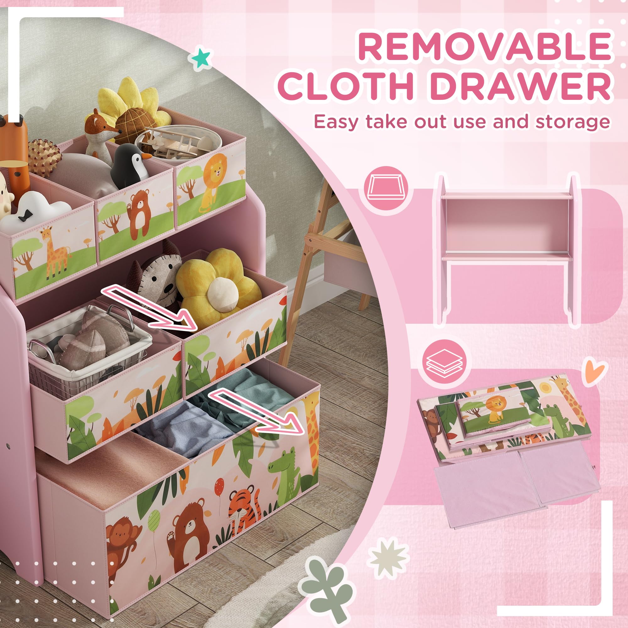 AIYAPLAY Unidad almacenaje 3 Niveles Estante Juguetes Sala Juegos Rosa | 6 cajas de almacenamiento extraíbles, dormitorio, cuarto infantil, cuarto infantil