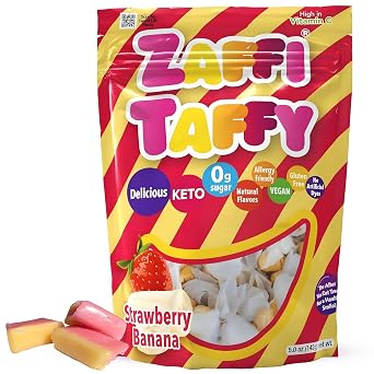 Zaffi Taffy Sugar Free Candy - Dye Free, Keto & Diabetic-Friendly, Dentist-Approved Treats for Kids Strawberry + Banana, 5.0 oz