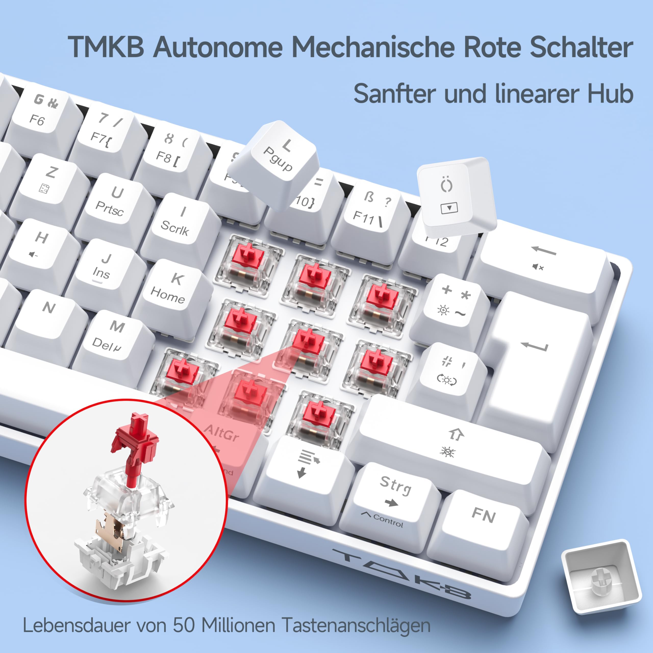 TMKB T61SE Gaming Mechanical Keyboard with German QWERTZ Layout, Red Switch, White - 4
