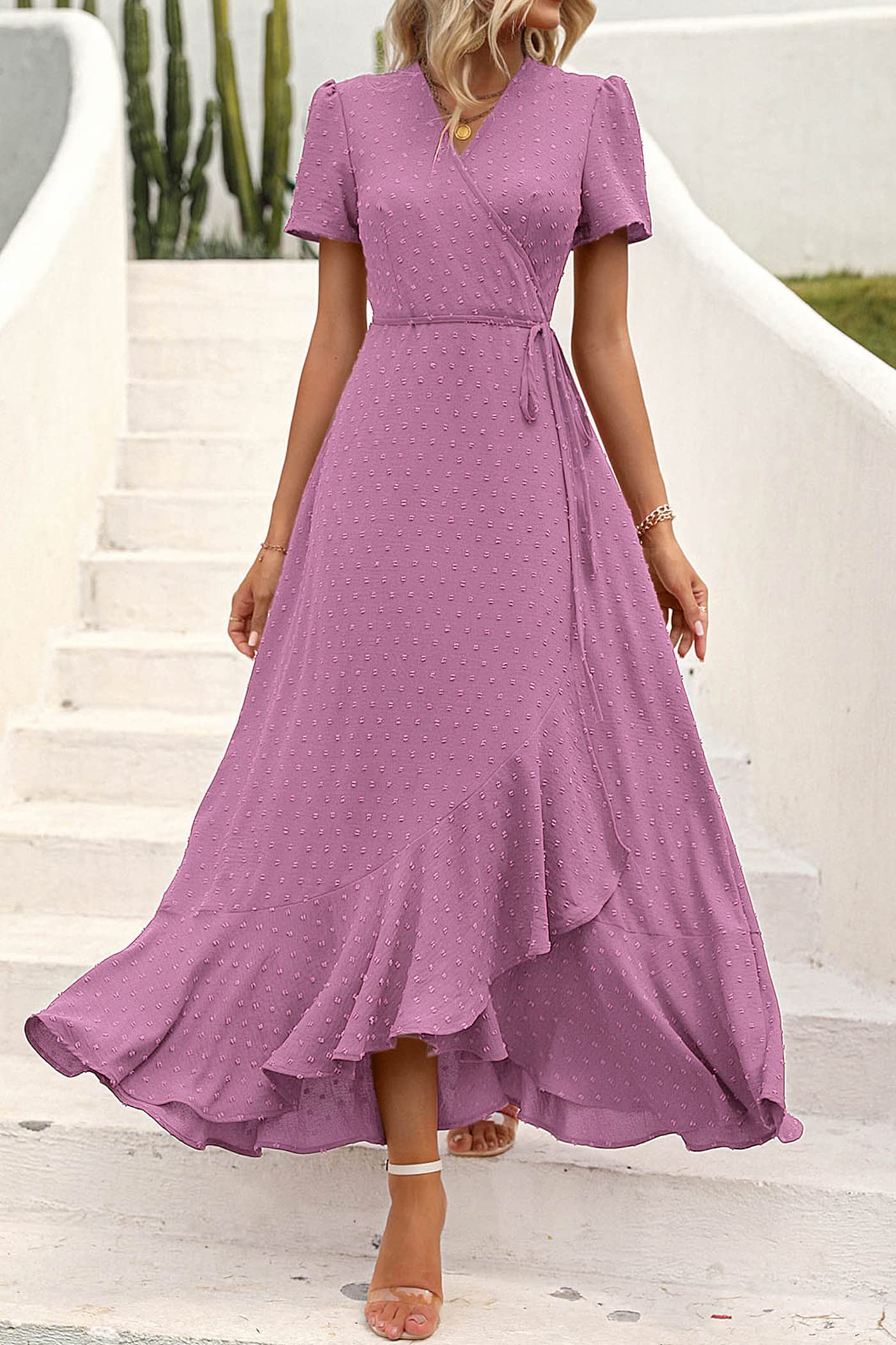 PRETTYGARDEN Women's Boho Floral Maxi Dress Summer Short Sleeve Wrap V Neck Long Flowy Beach Vacation Wedding Guest Dresses: Z_purple Large