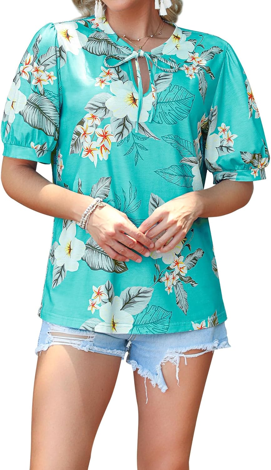 Ezcosplay Women Hawaiian Shirt Drawstring V Neck Puff Short Sleeve Tshirt Flamingo Tropical Outfit Luau Party Tops Tees - Image 3