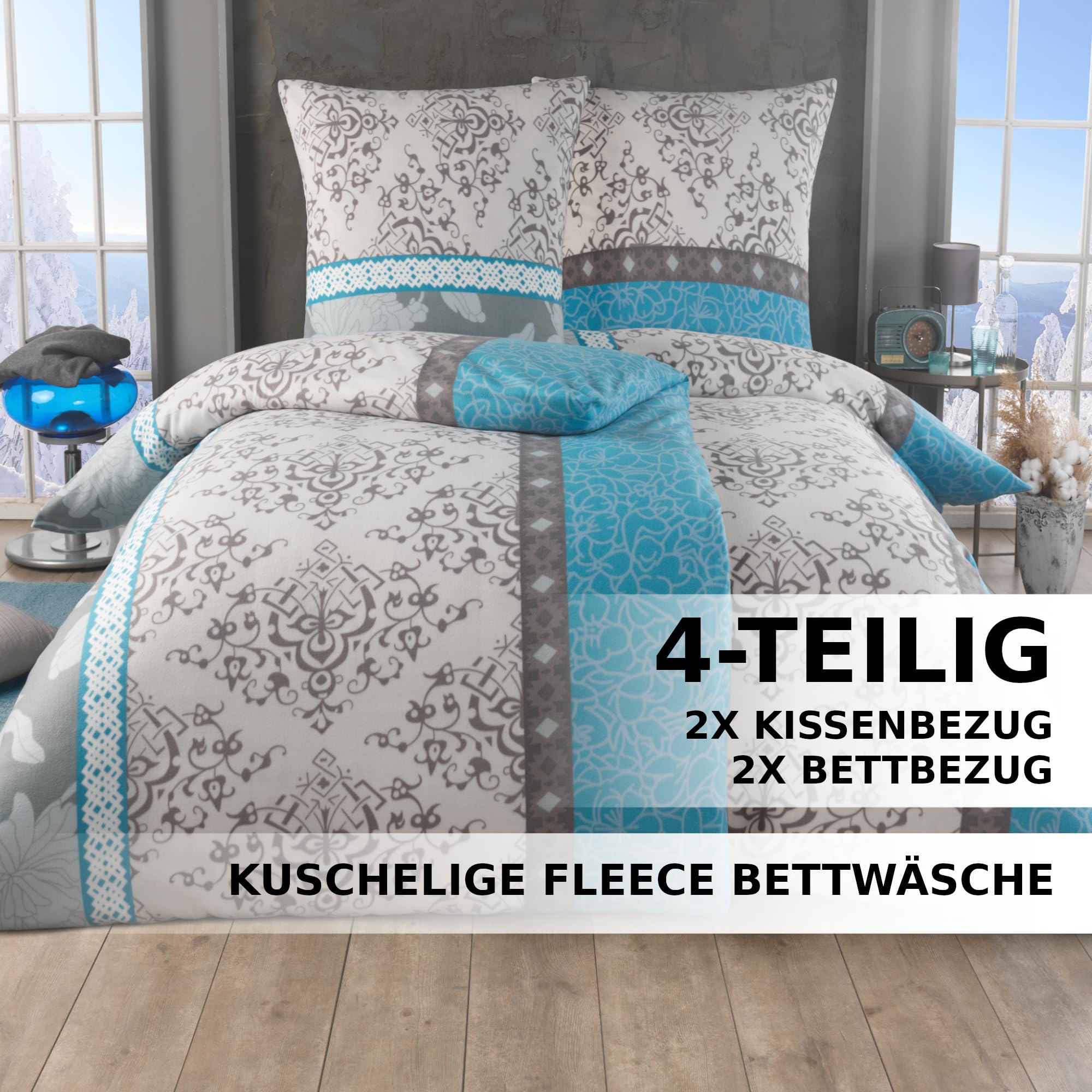 BFW 4 TLG Warme Microfaser Fleece Winter Bettwäsche 135x200 + 80x80 viel Auswahl, Design - Motiv:Design 14