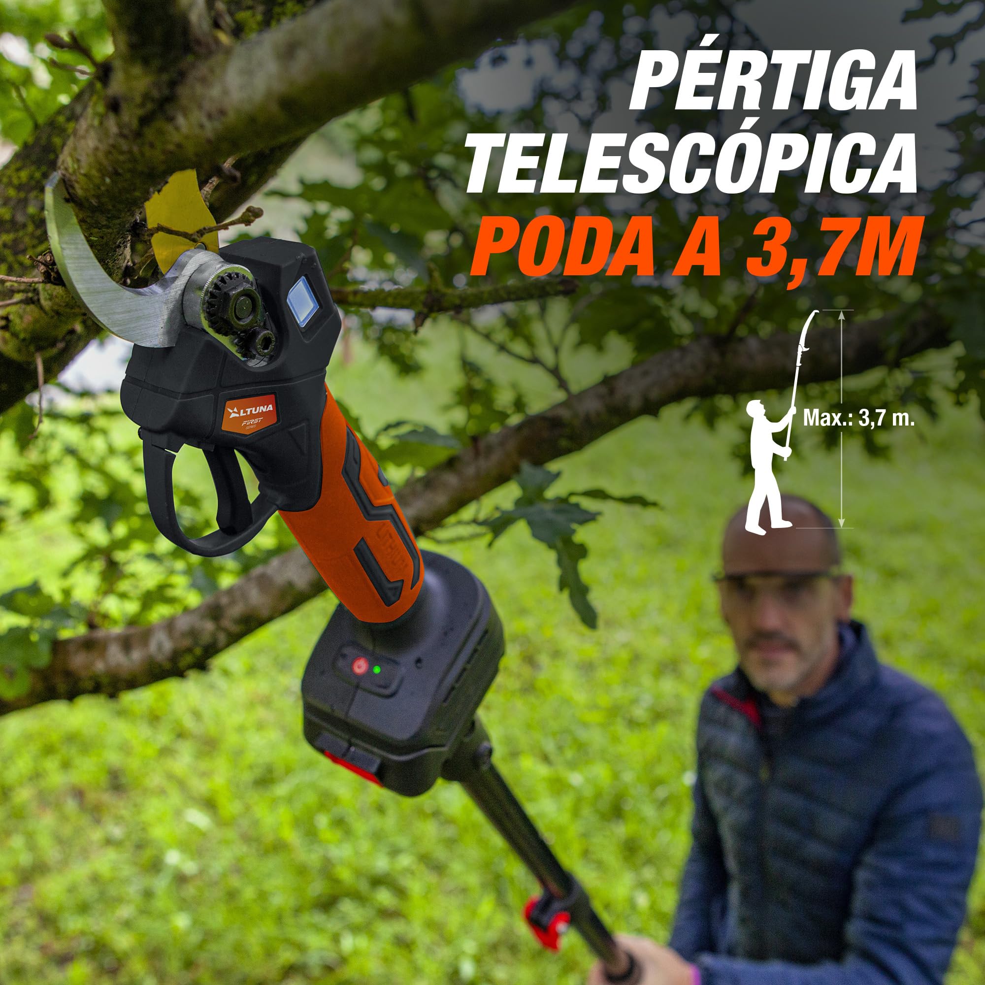 Altuna Kit de Poda a Batería de Titanio - Motosierra a Batería + Tijeras de Podar Eléctricas + Pértiga Telescópica - Incluye 2 Baterías - Pértiga de 1,63m para Poda en Altura - Con Cargador y Gafas