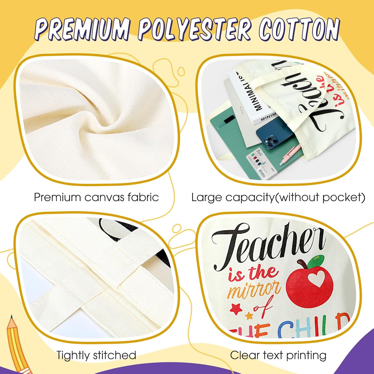 Eccliy 20 Pcs Teacher Appreciation Tote Bags Teacher Appreciation Gift Canvas Bags for Teacher Christmas Graduation Gift(White, Cute)