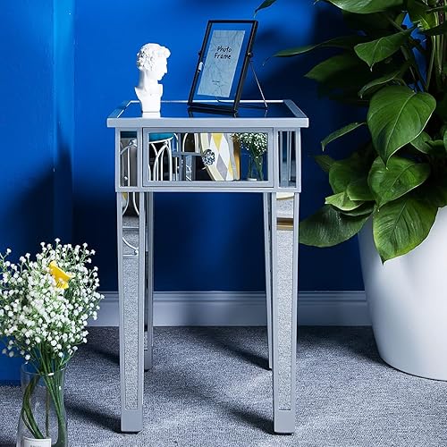 Miniatura 2 de VINGLI Juego de 2 mesas auxiliares de espejo con cajón, mesita de noche moderna, mesita de noche, mesa decorativa para espacios pequeños, sala de