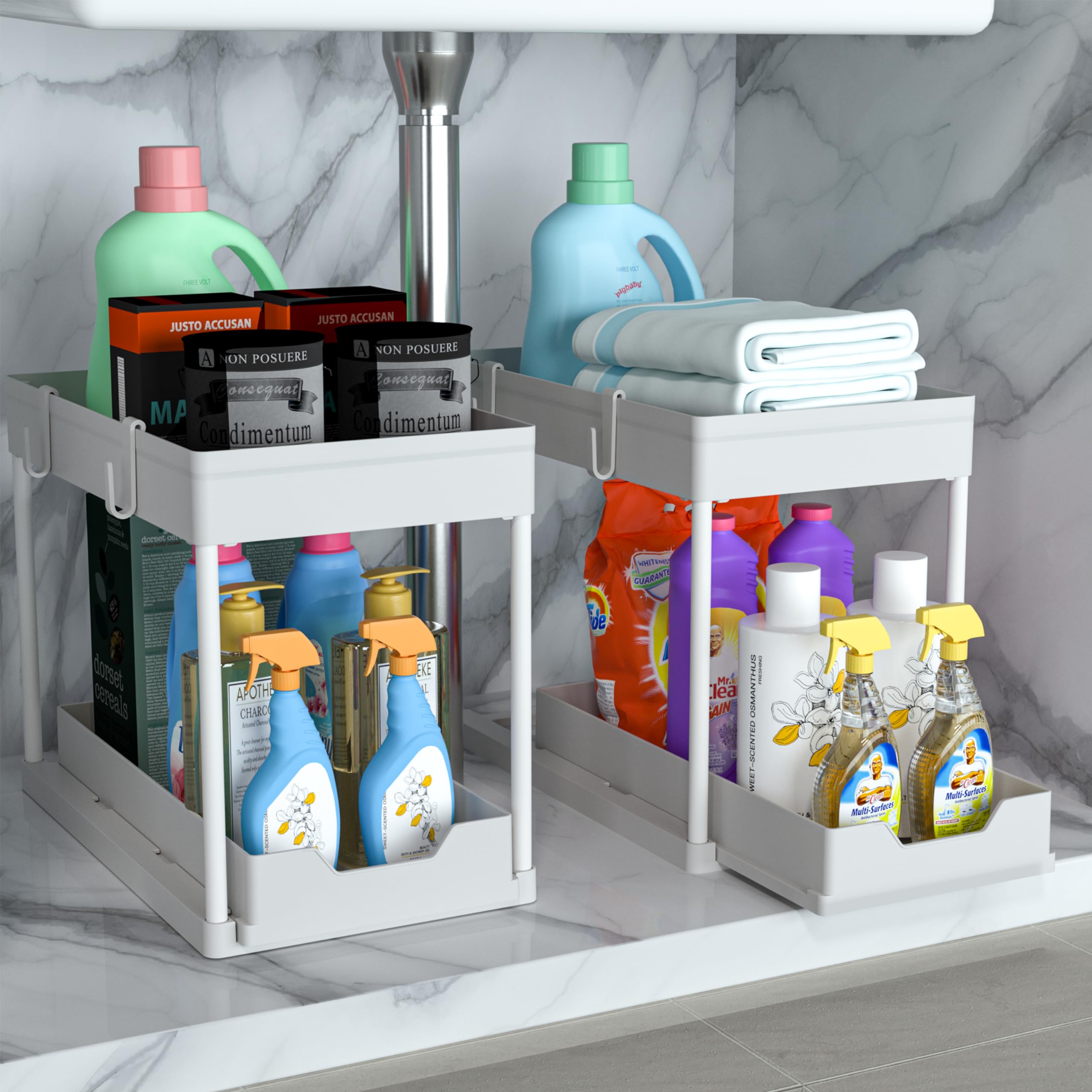 DEKAVA Armadietto, confezione da 2 organizer da sottolavello, organizer scorrevole a 2 ripiani per bagno e cucina, grandi cestini in ABS bianco, facile da installare e pulire