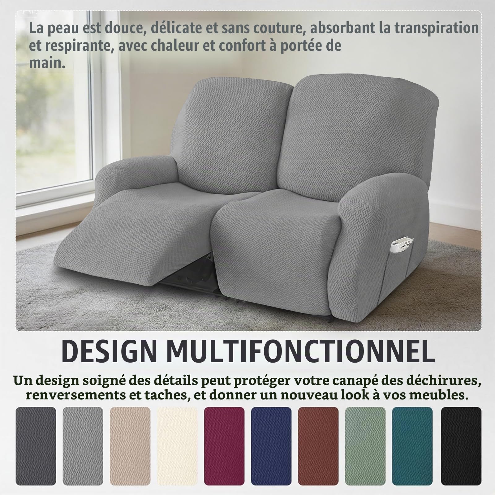 Housse Fauteuil Relax 2 Places,Housse de Fauteuil Extensible avec Poches, Housse Canapé Relax Jacquard Rayé Tout Compris, Protège Fauteuil pour Fauteuil Inclinable (Gris Clair, 6 Pièces)