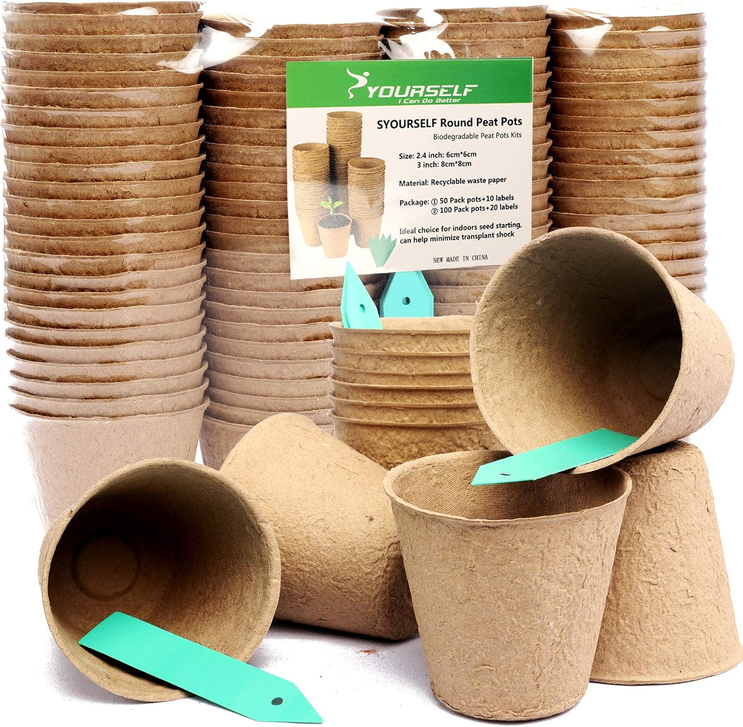SYOURSELF Peat Pots Biodegradable Seedling Starter Pots 2.4"/3" Plant Starters Kits Recycled Paper Planting Cup Herb Plant Starting Pots for Indoor Plant Seed Germination with Waterproof Labels