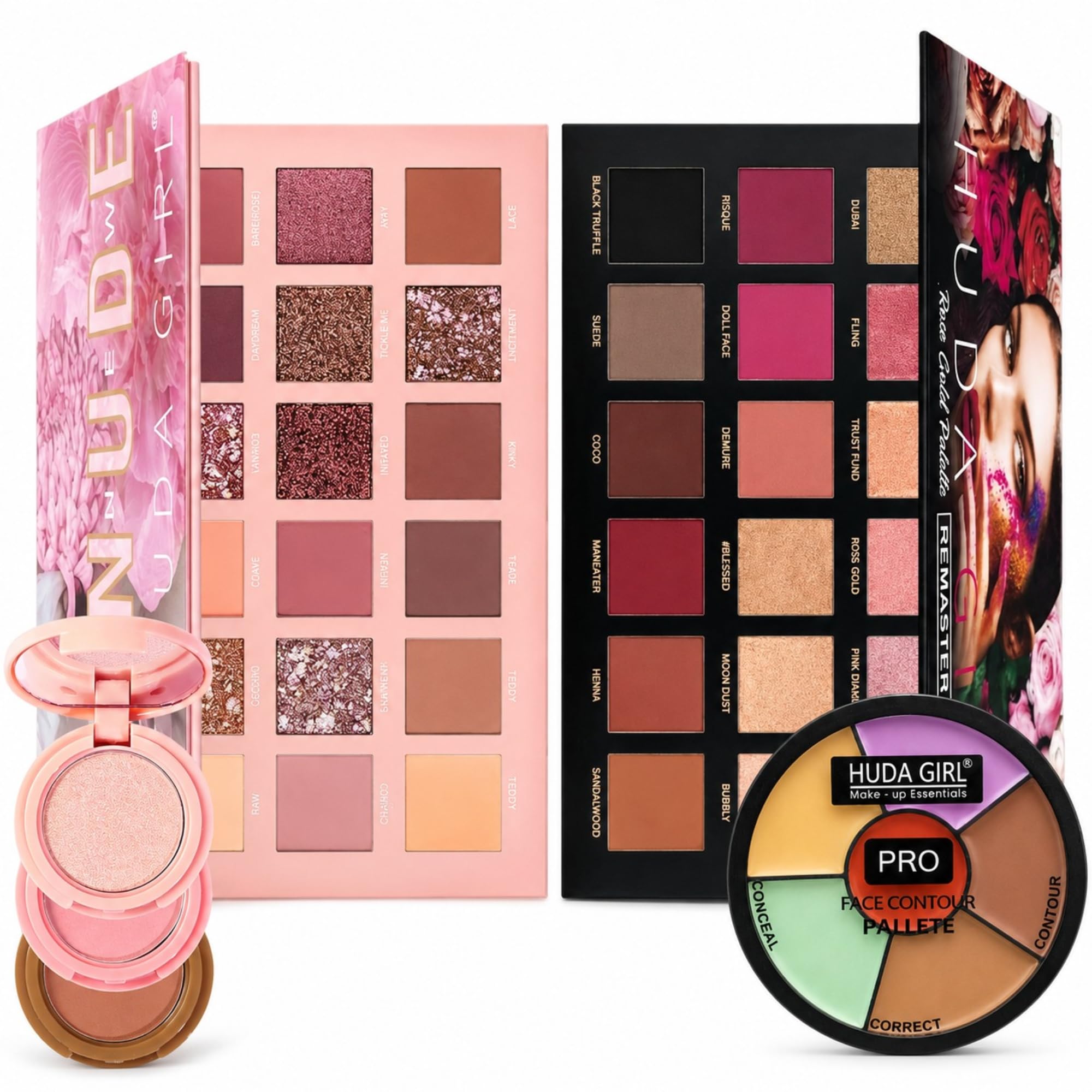 HUDA GIRL Makeup Kit of 36Color Nude & Rose Gold Eyeshadow Palette, 3in1 Highlighter & Blush Palette and 3in1 Contour & Concealer For Face Makeup | Long-Lasting Waterproof Make Up Set-image-11
