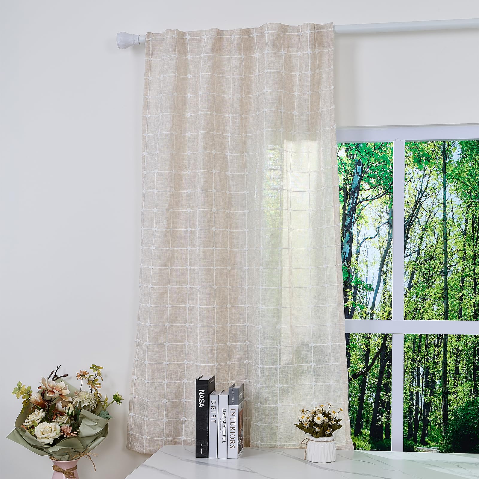 135x175cm Cortina de Bolsillo Bohemia Bordada Beige Cuadros,1 Panel | Suave Poliéster-Lino Estilo.Filtrante de luz.Bohemio Estilo rústico.Cortinas para Baño Comedor Baño y estar.Lavable a máquina