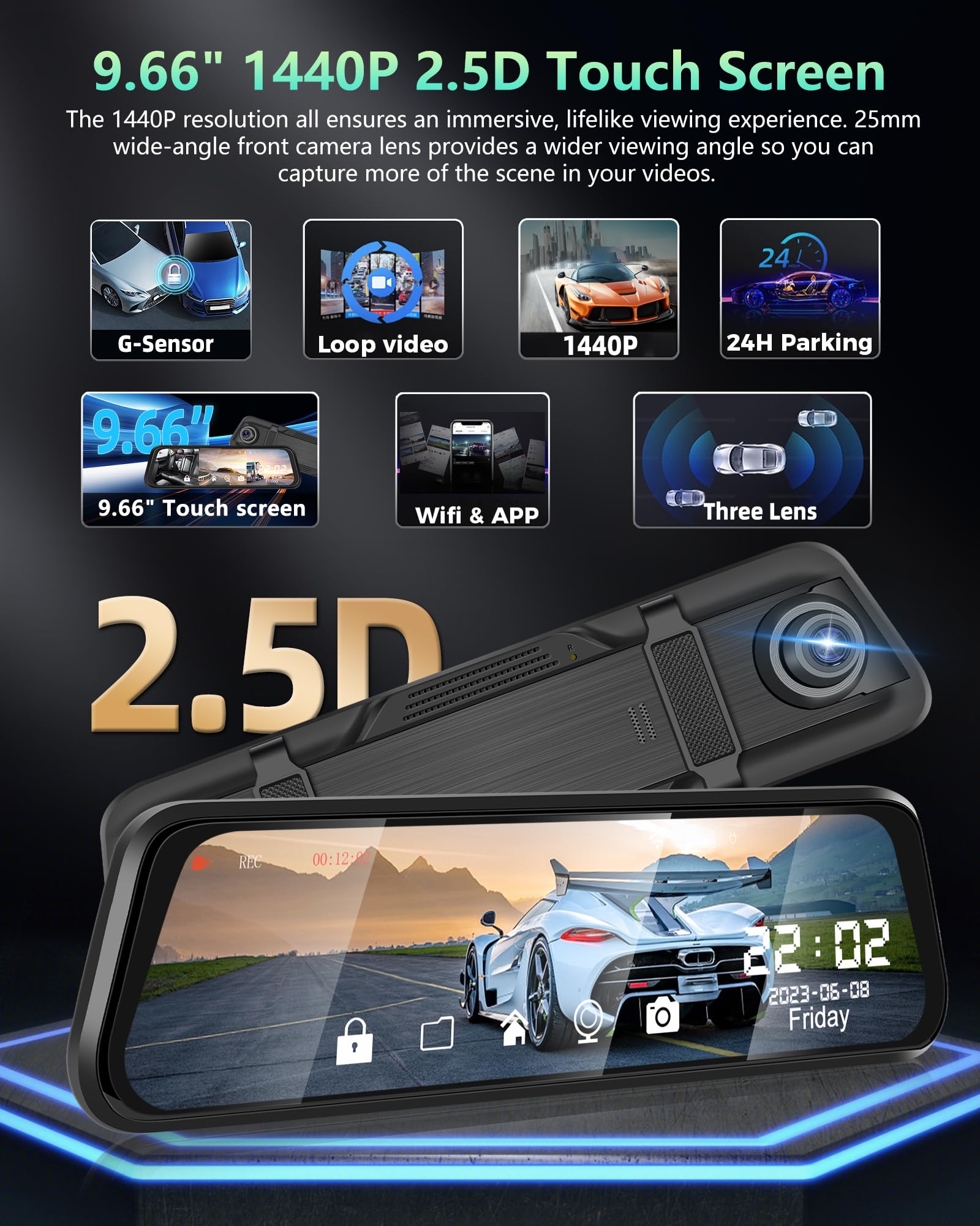 Podofo 9.66'' Specchietto Retrovisore 1440P Auto Dash Cam Con 3 Lens Dash-Cam Visione Notturna Grandangolare a 150°, Registrazione in Loop, Sensore G, WDR + Telecamera per Retromarcia AHD