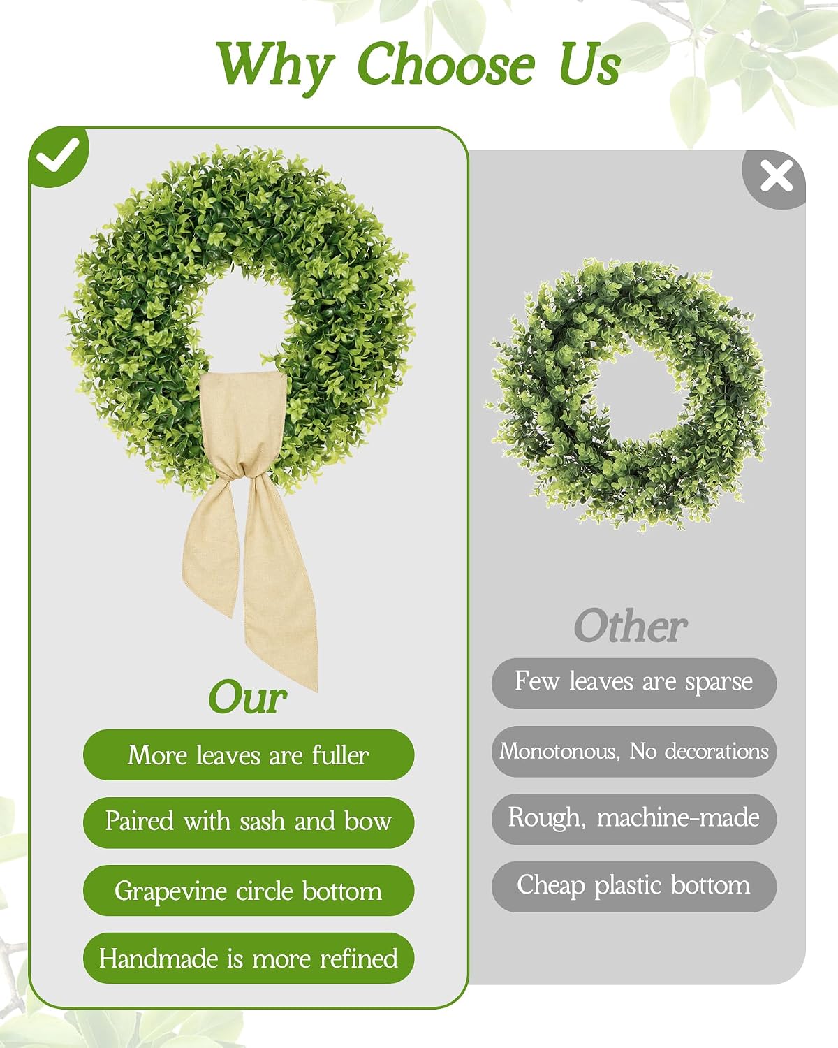 Vlorart 22 Inch Boxwood Wreaths for Front Door, UV-Resistant Green Decor | 22" handmade boxwood wreath, S+ plastic leaves, grapevine base, UV-protected year-round decor, includes linen sash & bow