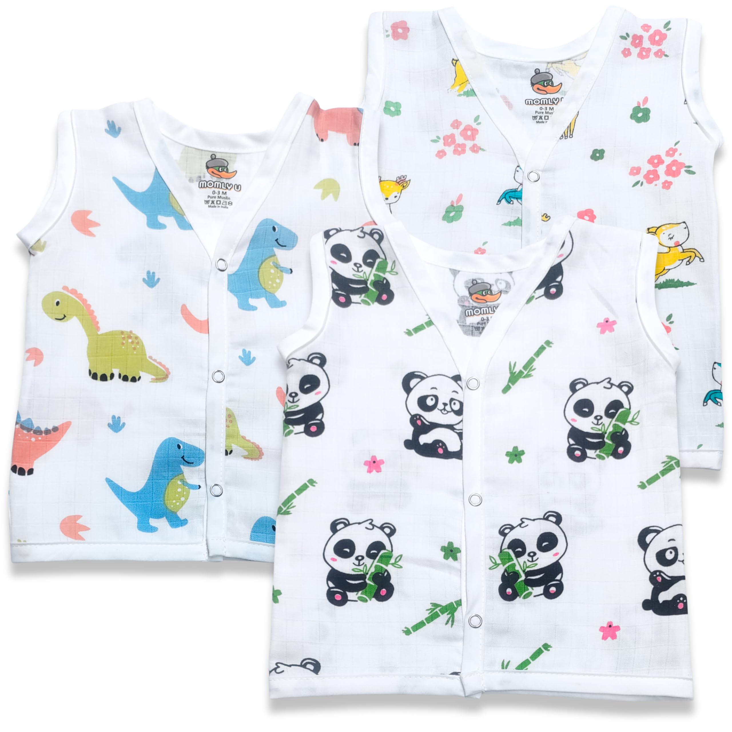 Baby Muslin Jabla 100% Cotton Muslin Button Jabla | White Printed Jhabla | Assorted Pack of 3 | Newborn Baby Dress | for Boys & Girls | Summerwear Jabala | Baby Products (0-3 Months)