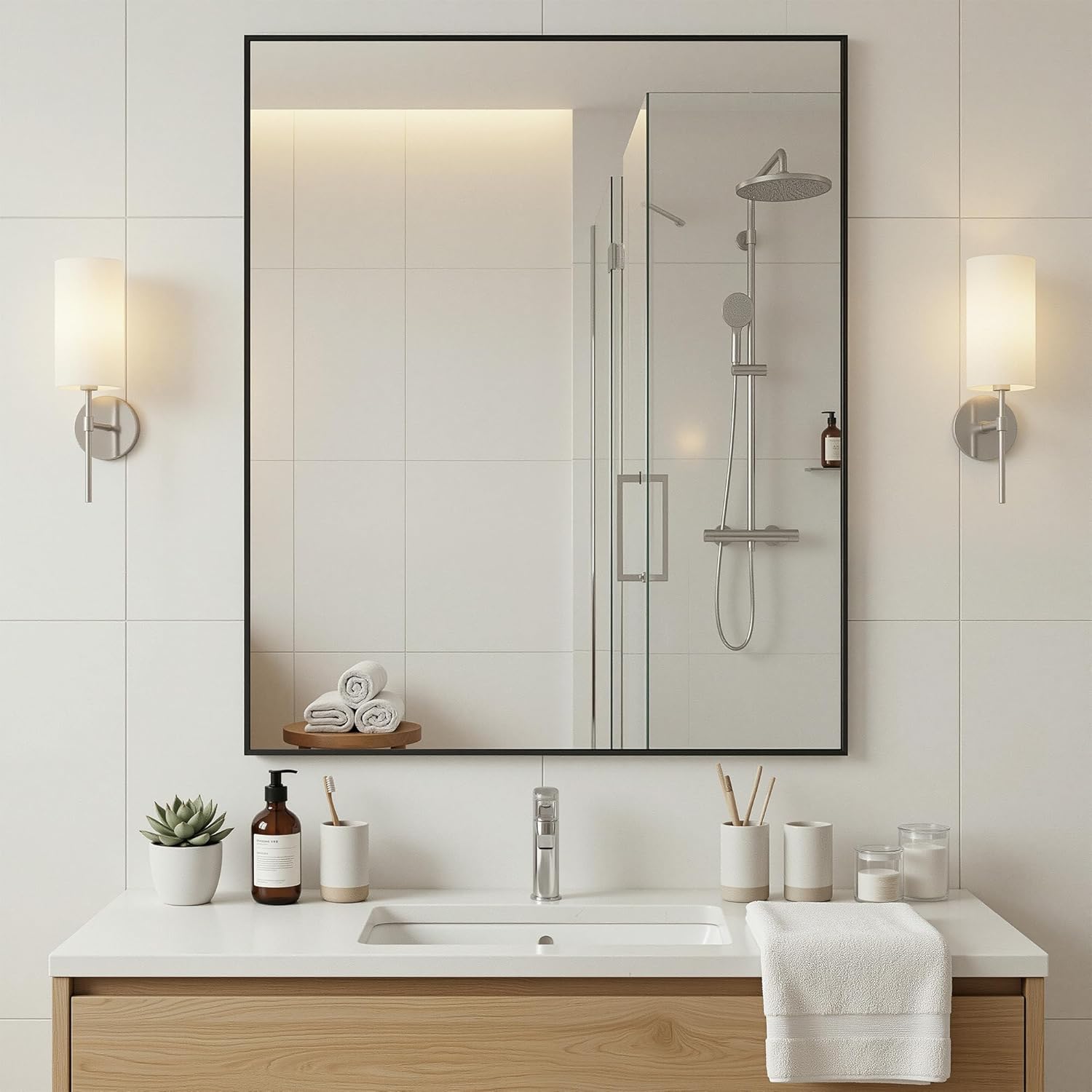 Antok 22x30 Black Metal Framed Bathroom Mirror, Wall Mirror with Round Corners, Vanity Mirror for Over Sink, Anti-Rust Tempered Glass, Horizontal/Vertical Hanging for Bathroom, Living Room, Entryway