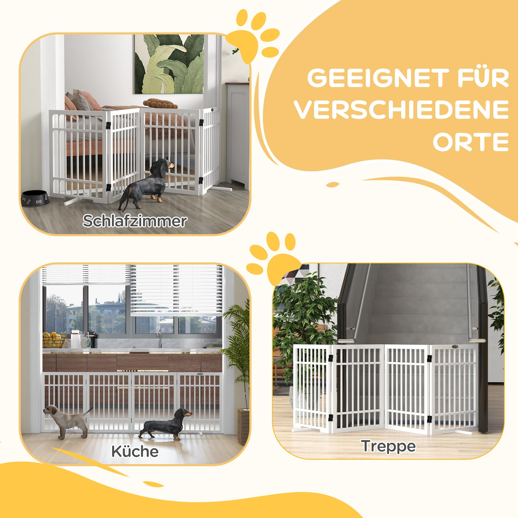 PawHut Absperrgitter Hund Freistehend für Kleine Hunde 61 x 183 cm Weiß | Schutzgitter mit 2 Stützfüßen, 4 Paneelen, Holz Hundegitter Klappbar, Treppen, Türen, Treppengitter, Absperrungsgitter